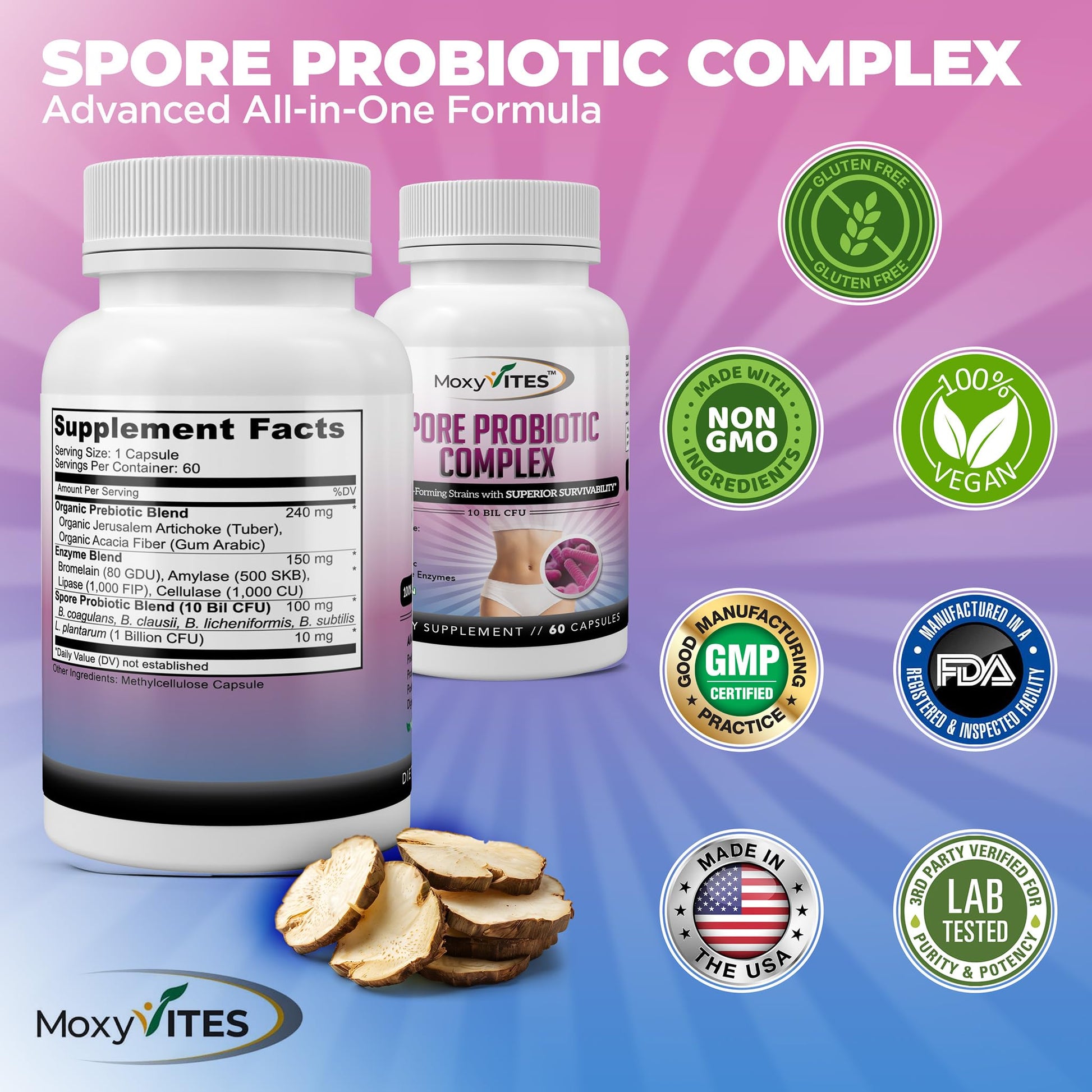 MoxyVites Spore Probiotic Complex - All In One Prebiotics and Probiotics for Digestive Health, Postbiotic, Digestive Enzymes Daily Supplement - Spore Based Probiotic for Women & Men MoxyVitesAu supplements