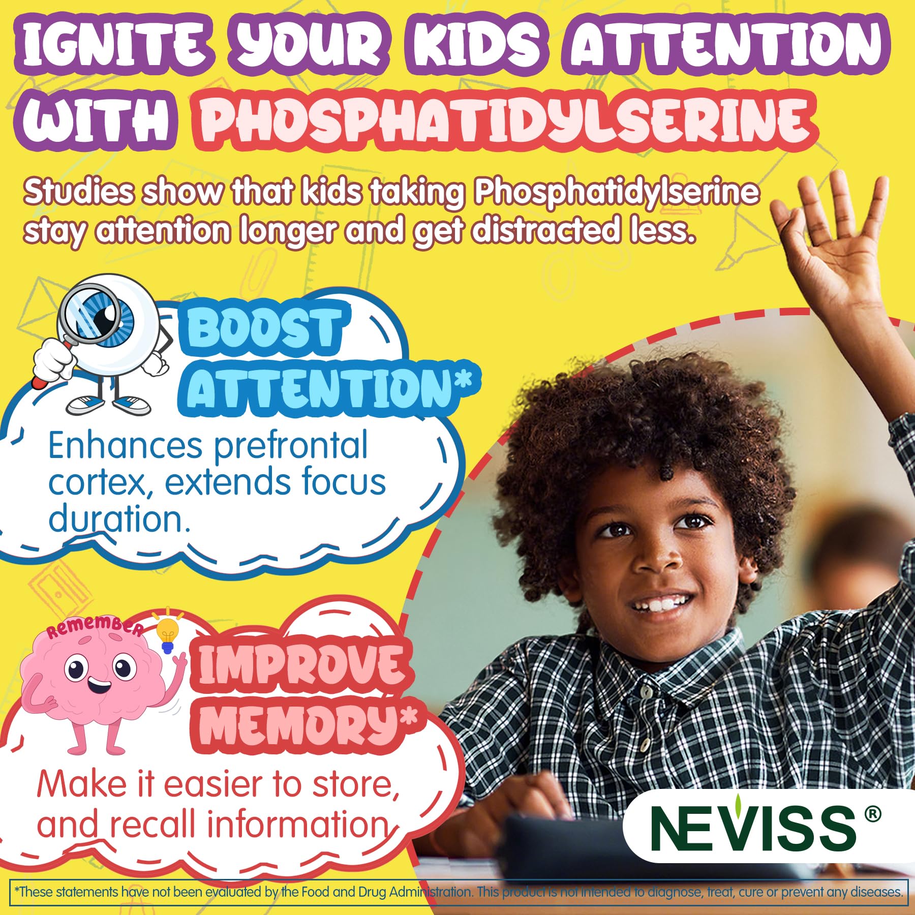 Kids Focus Gummies - Brain Supplements with Vegan Omega 3 DHA, Phosphatidylserine, L-Theanine, L-Tyrosine, Methylated B6 & B12 for Kids & Teen Support Attention, Memory, Nootropic, Sugar Free 60cts NEVISSAu supplements