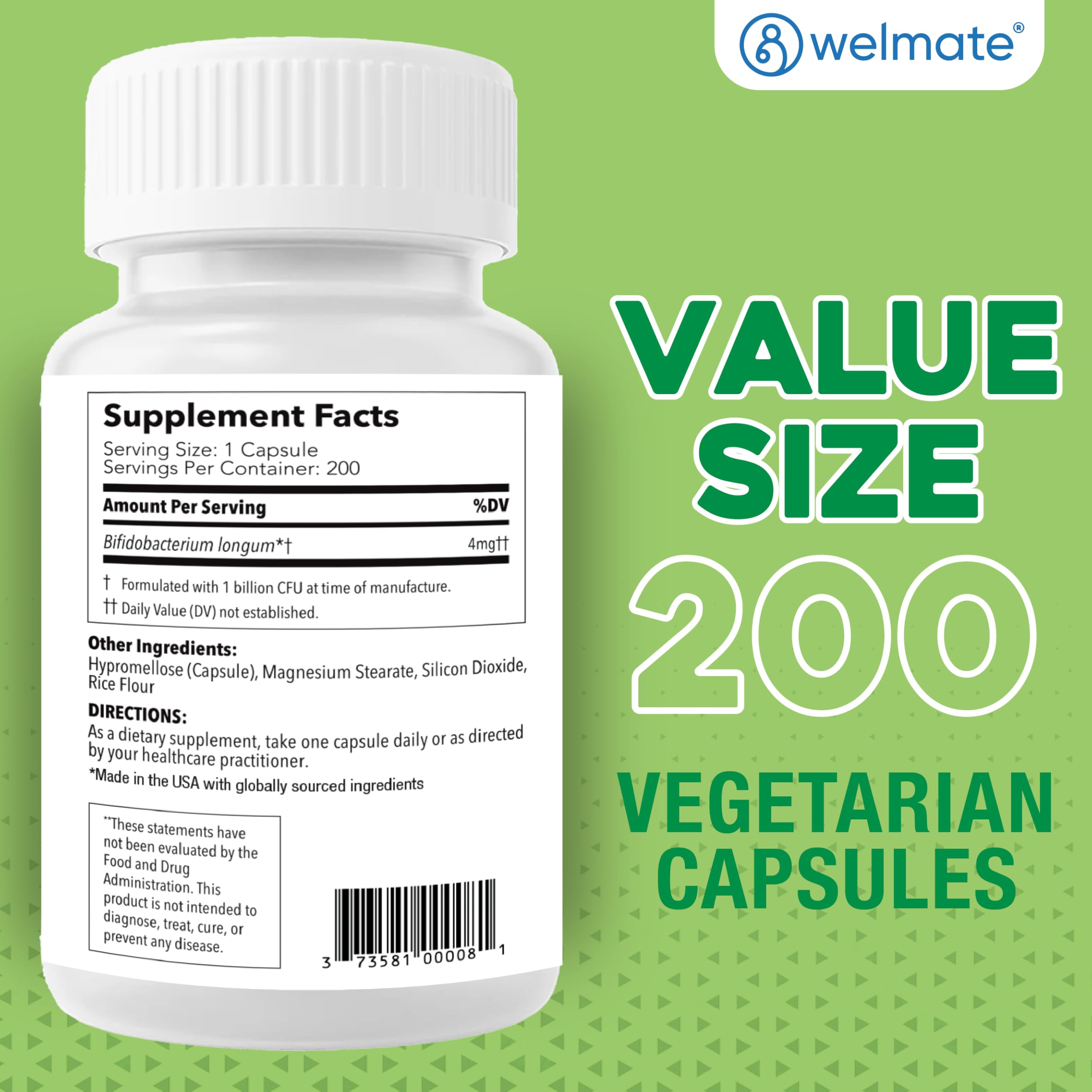 WELMATE Bifidobacterium - Probiotic Supplement - Supports Gut Health - Immune Support - Digestive Enzymes - Gluten Free - Vegan - Men & Womens Probiotic - Value Size - 200 Count WELMATEAu supplements