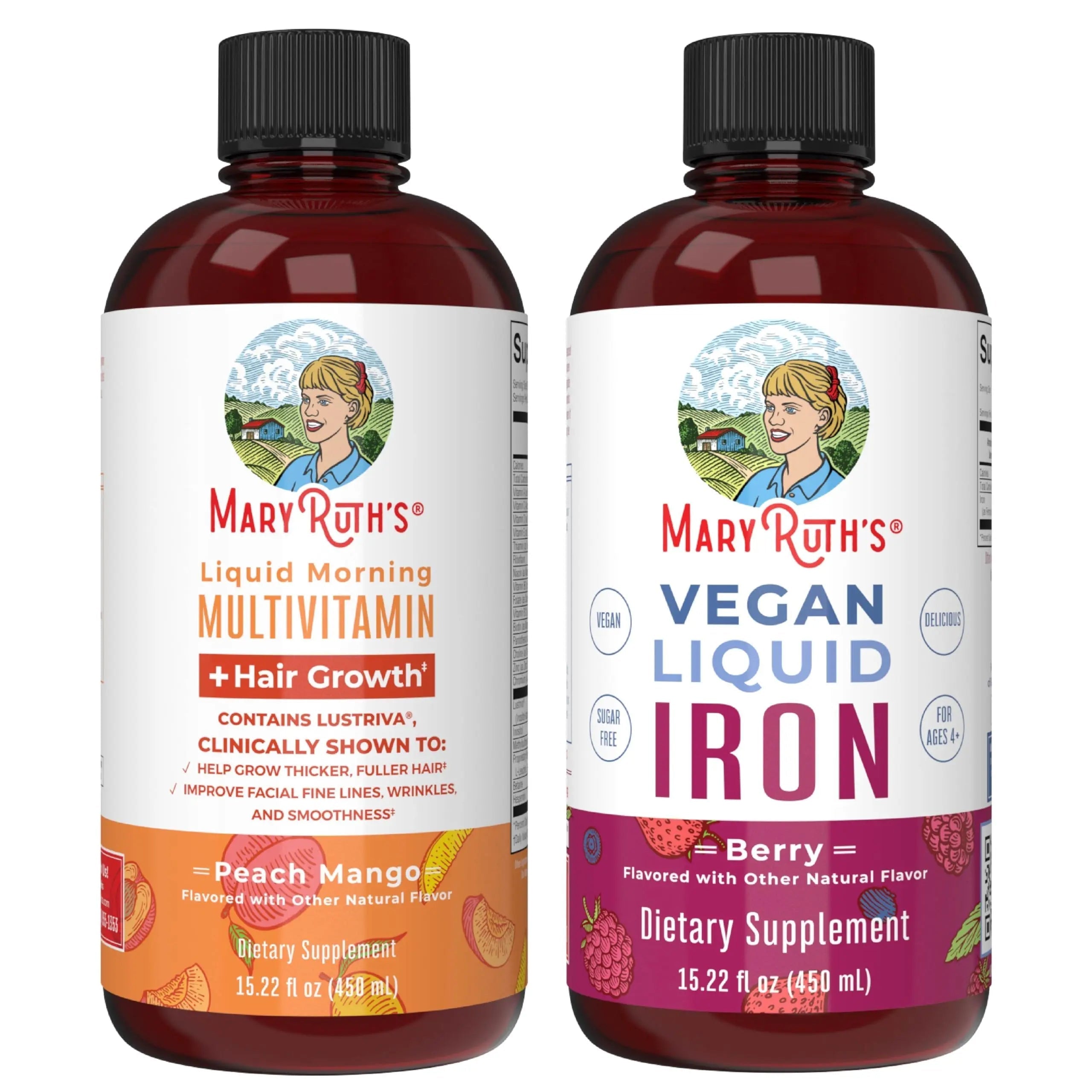 MaryRuth's MaryRuth's Liquid Morning Multivitamin +Hair Growth (Peach Mango, 15.22oz) & Iron Liquid (Berry) | Clean Label Project Verified® | MARYRUTH'SAu supplements