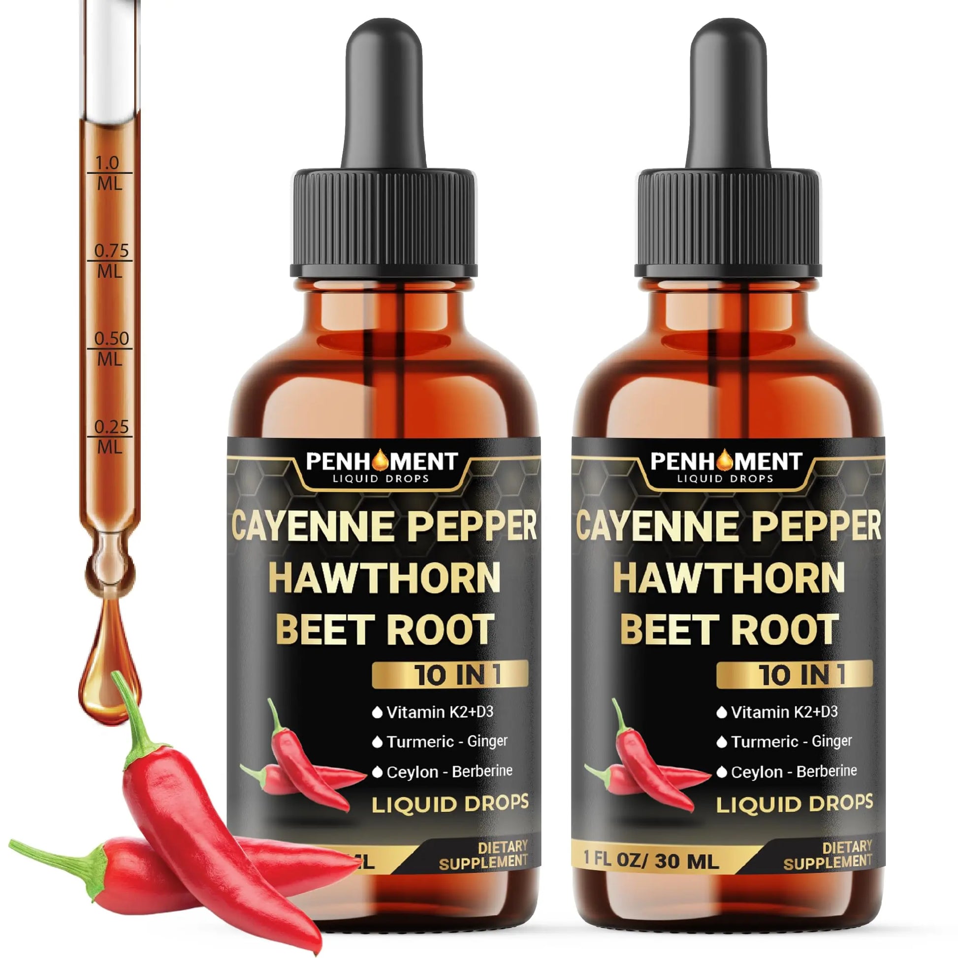 Penhoment 2 Packs - 2700 mg 10in1 Cayenne Pepper Liquid Drops with Hawthorn Berry, Vitamin D3 K2, Beet Root, Ginger Turmeric, Ginger, Ceylon Cinnamon, Berberine, and Ginseng - 2 Months PenhomentAu supplements