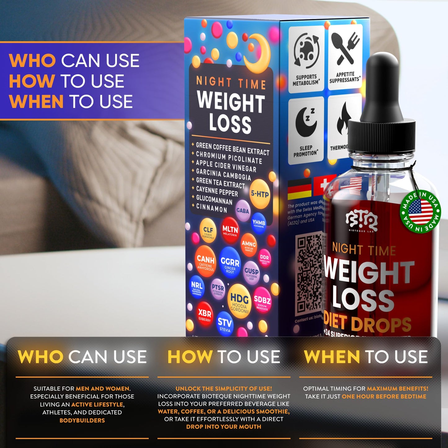 BIOTEQUELAB Night Time Weight Loss Diet Drops - Appetite Control, Fat BIOTEQUELABUS supplements