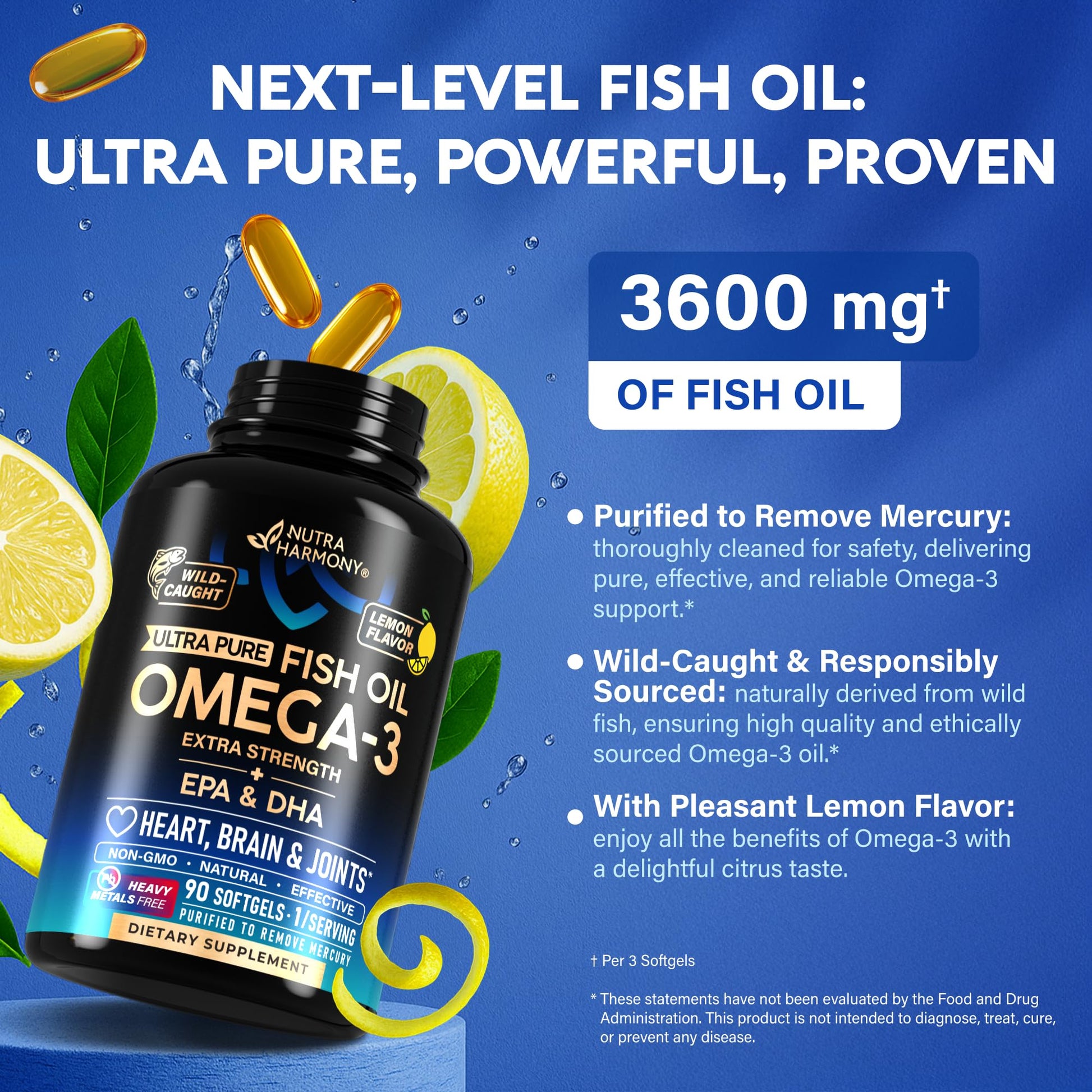 Omega 3 Fish Oil 3600 mg - Omega 3 Supplement | EPA & DHA - Heavy Metals Free - Heart, Brain & Joint Support - Purified Fish Oil for Men & Women - Lemon Flavored - Made in USA, 90 Softgels NUTRAHARMONYAu supplements