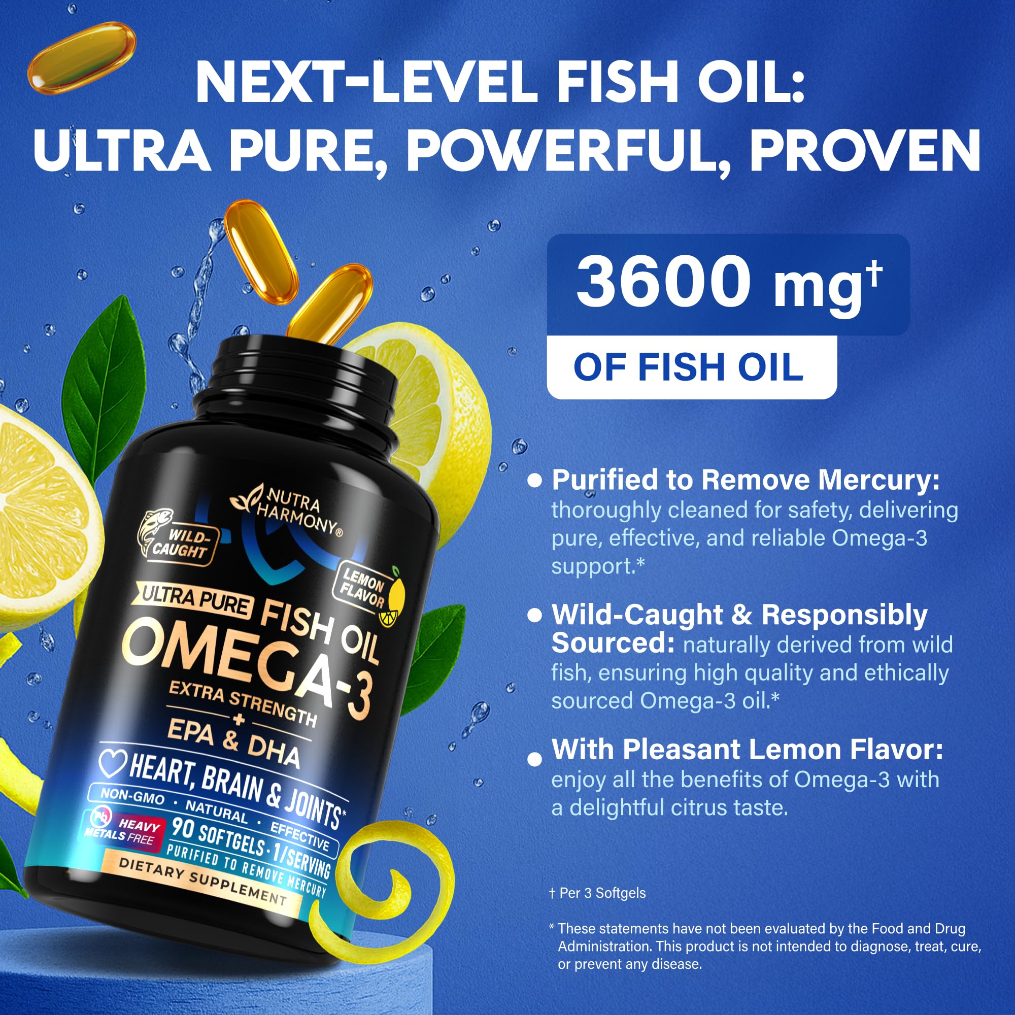 Omega 3 Fish Oil 3600 mg - Omega 3 Supplement | EPA & DHA - Heavy Metals Free - Heart, Brain & Joint Support - Purified Fish Oil for Men & Women - Lemon Flavored - Made in USA, 90 Softgels NUTRAHARMONYAu supplements