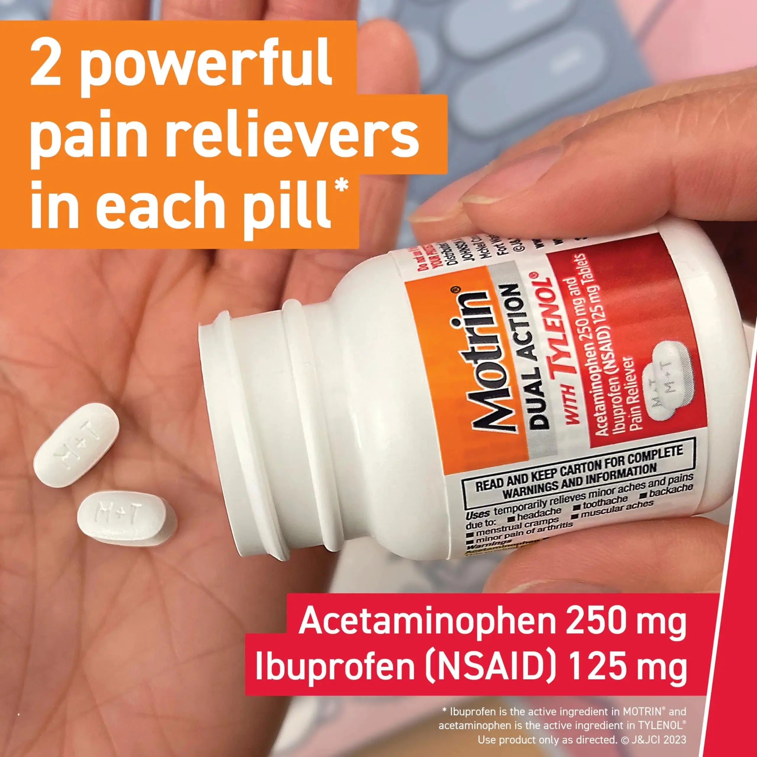 Motrin Dual Action with Tylenol, Fast-Acting Dual Action Pain Reliever with Ibuprofen & Acetaminophen for Minor Aches & Pains, Ibuprofen (NSAID) 125 mg & Acetaminophen 250 mg, 80 ct MotrinAu supplements