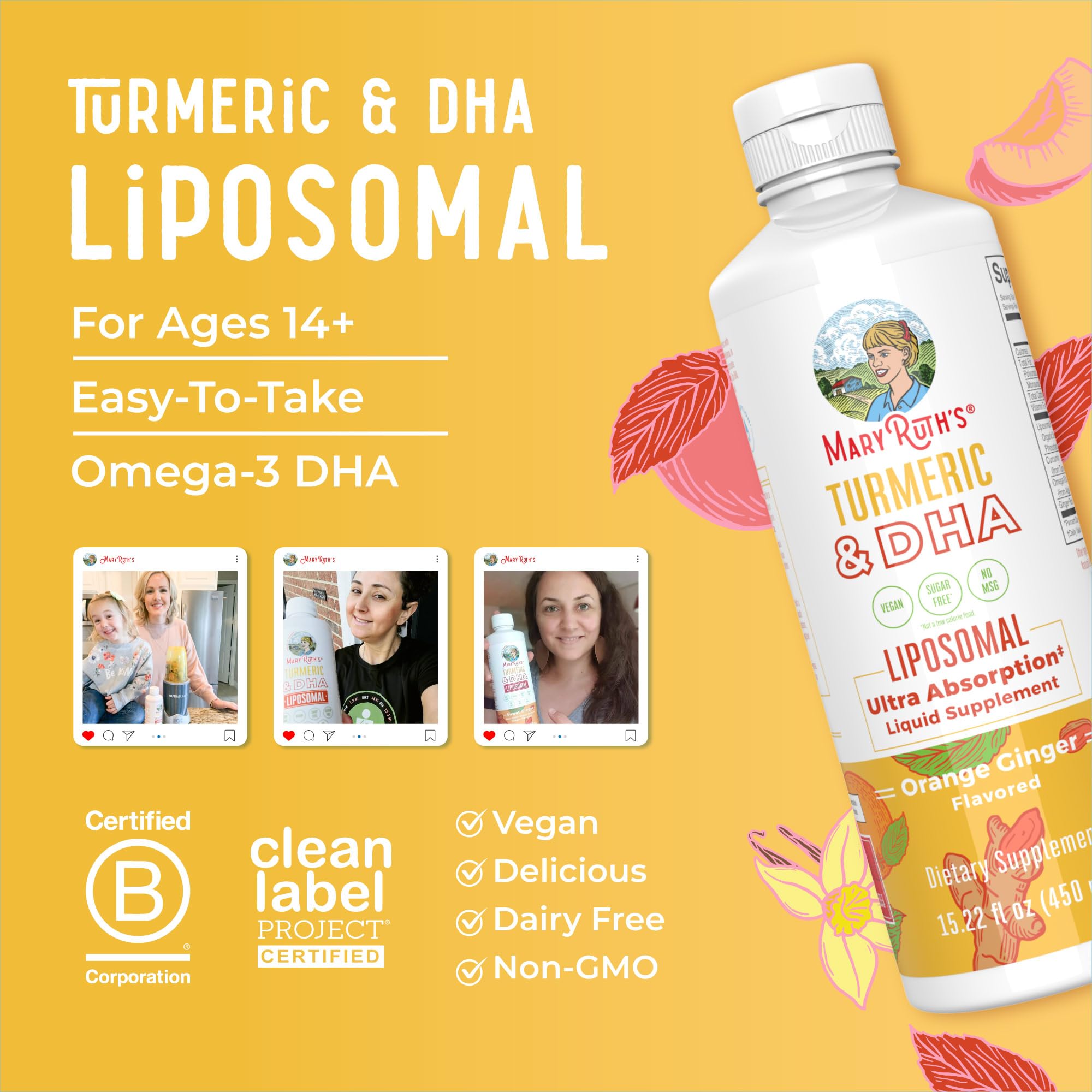 MaryRuth Organics | Liposomal Turmeric & DHA | Curcumin | Ginger Root Oil | Algal DHA & Vitamin E | Cognitive Function | Mood Support | Joint Health | Liquid Supplement | 15.22 oz MARYRUTH'SUS supplements
