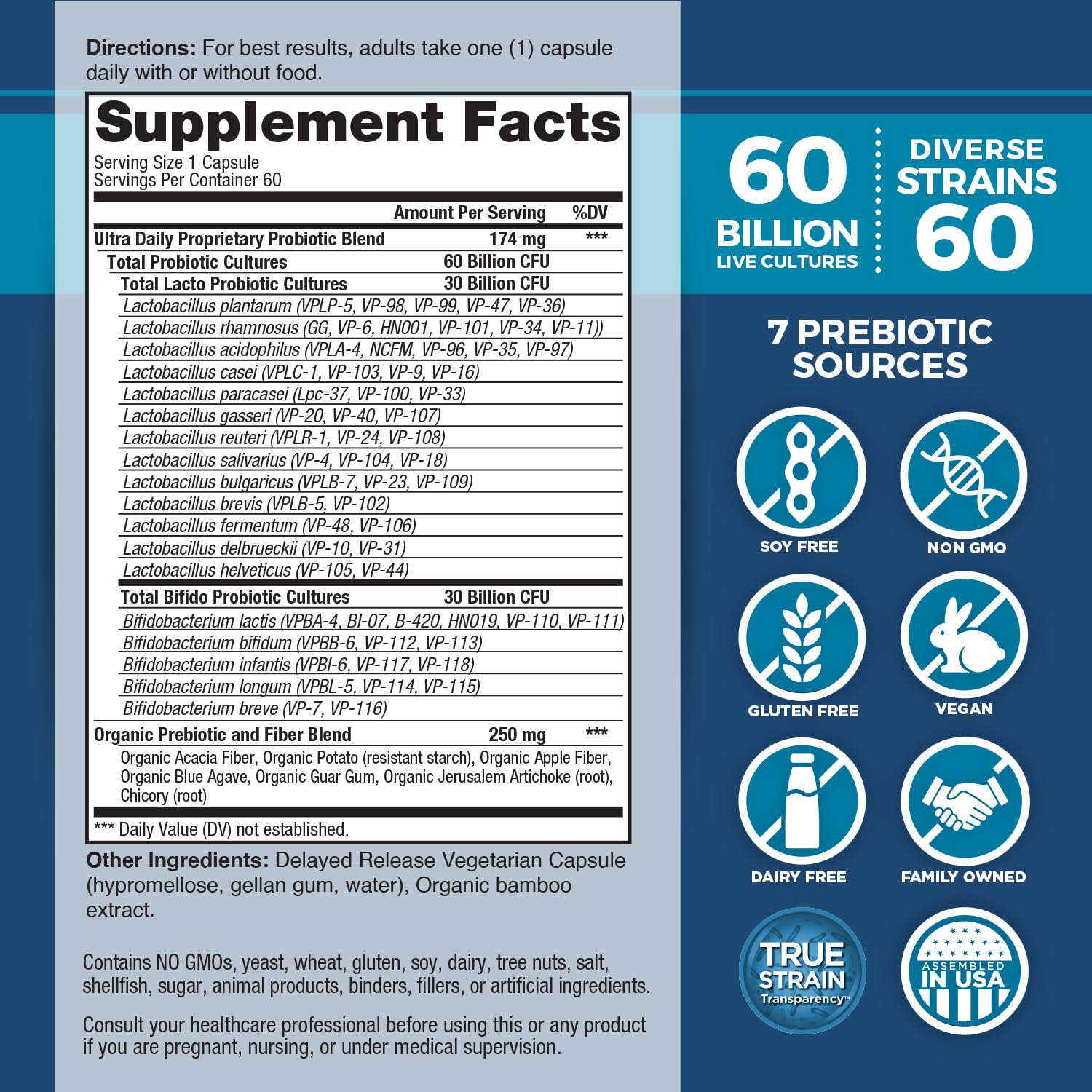 Vital Planet - Vital Flora Ultra Daily Probiotic 60 Billion CFU, Diverse Strains, Organic Prebiotics, Immune Support, Bloating Relief, Digestive Health Probiotics for Women and Men 60 Capsules Vital PlanetAu supplements