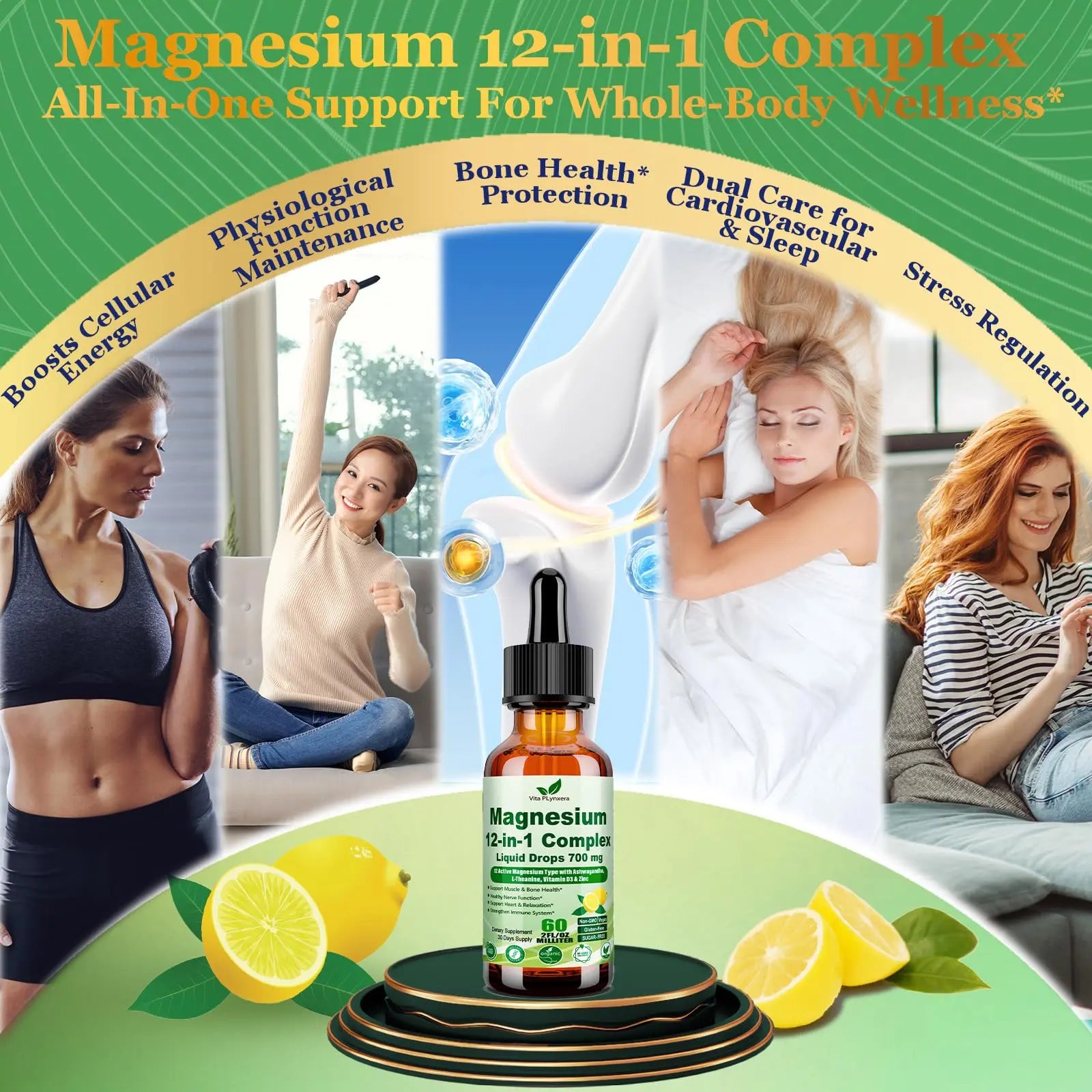 12-in-1 Magnesium Complex Liquid Drops, Chelated Magnesium Citrate Glycinate Taurate Malate Aspartate w. Ashwagandha Theanine D3 & Zinc for Relaxation Sleep Immune Health & Muscle Function丨Women Men. Vita PLynxeranz supplements