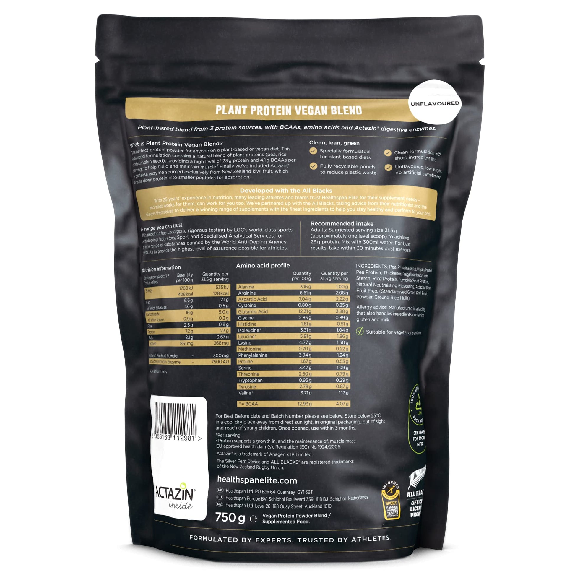 Healthspan Elite Plant Protein Vegan Blend (750g) | All Blacks Partner | 23g Protein Per Serving Healthspan EliteAu supplements