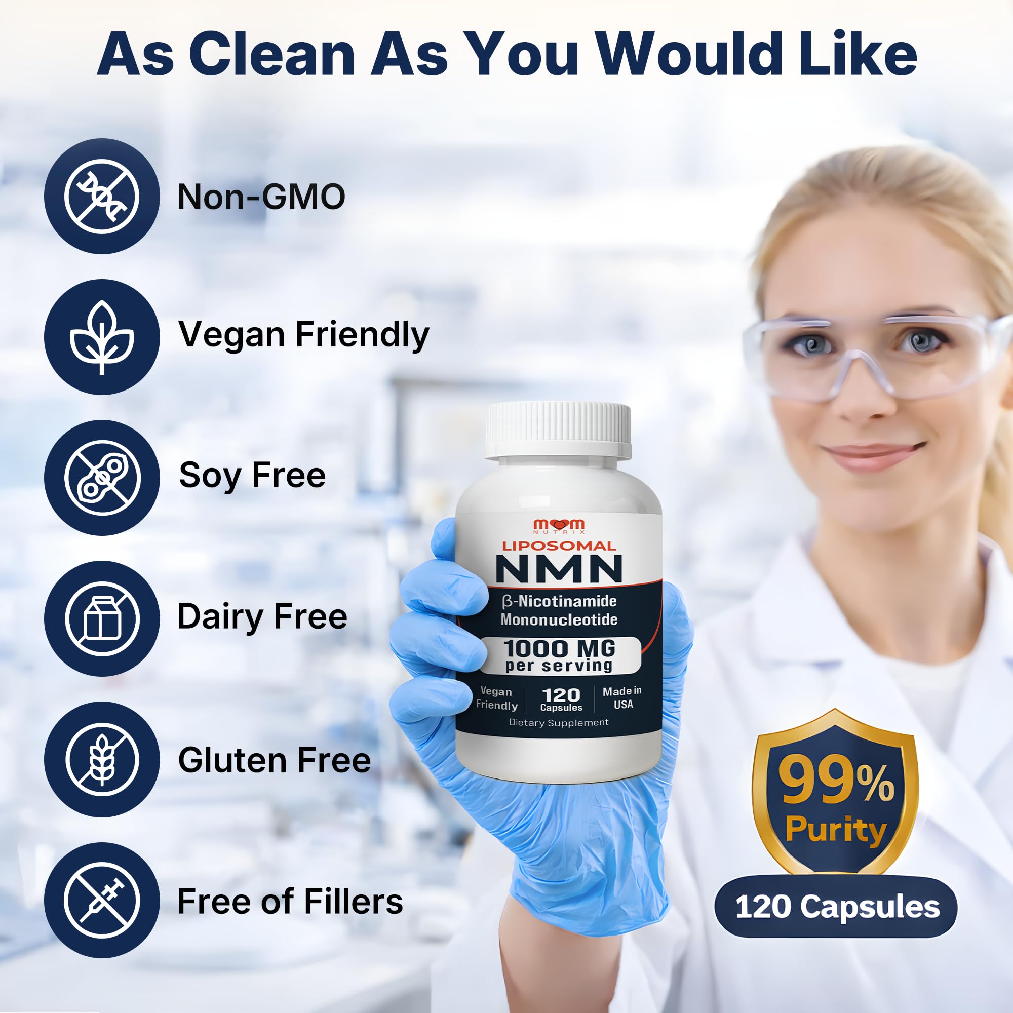 NMN Supplement 1000 mg Pure Nicotinamide Mononucleotide - NAD Precursor for Energy, Cellular Renewal & Longevity Support - Mitochondrial Support 120 Capsules - Vegan, Non GMO, Gluten Free MOM NUTRIXAu supplements