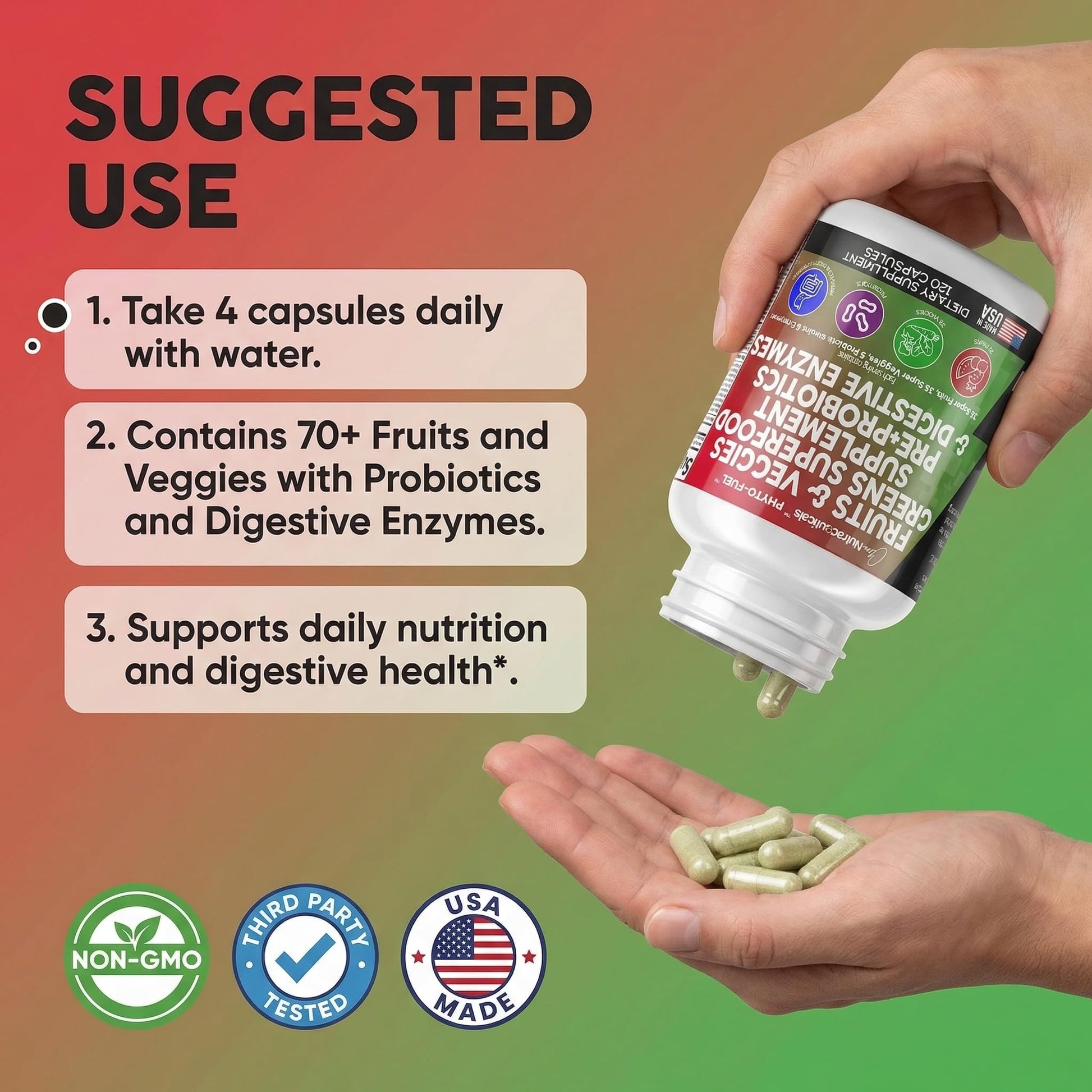 Clean Nutraceuticals Fruits and Veggies Supplement Reds & Green Superfood - Balance of Over 70 Fruit & Vegetable Supplements Capsules with Probiotics Prebiotics Digestive Enzymes - 120 Ct USA Clean NutraceuticalsAu supplements