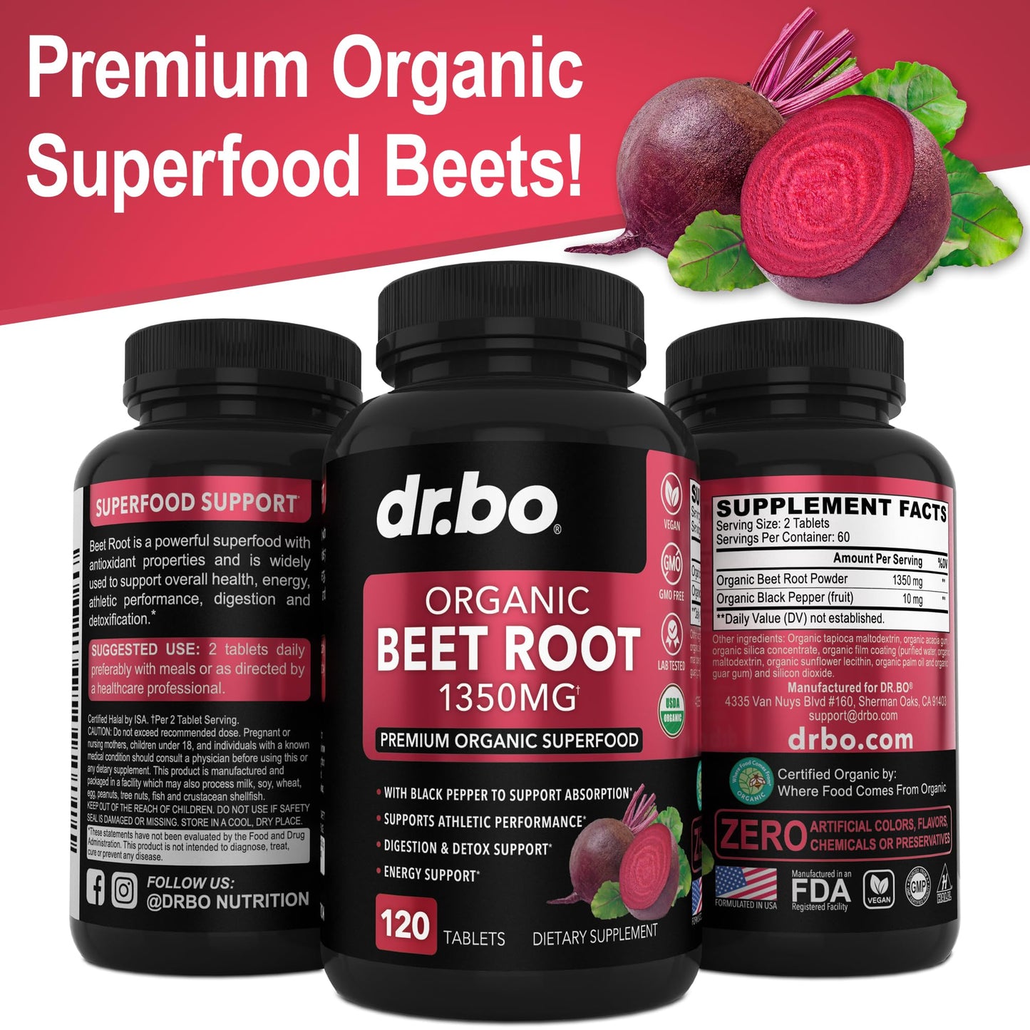 Organic Beet Root Capsules Supplements - 1350mg Beetroot Powder Extract Pills, Organic DR. BOUS supplements
