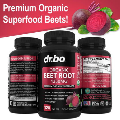 Organic Beet Root Capsules Supplements - 1350mg Beetroot Powder Extract Pills, Organic DR. BOUS supplements