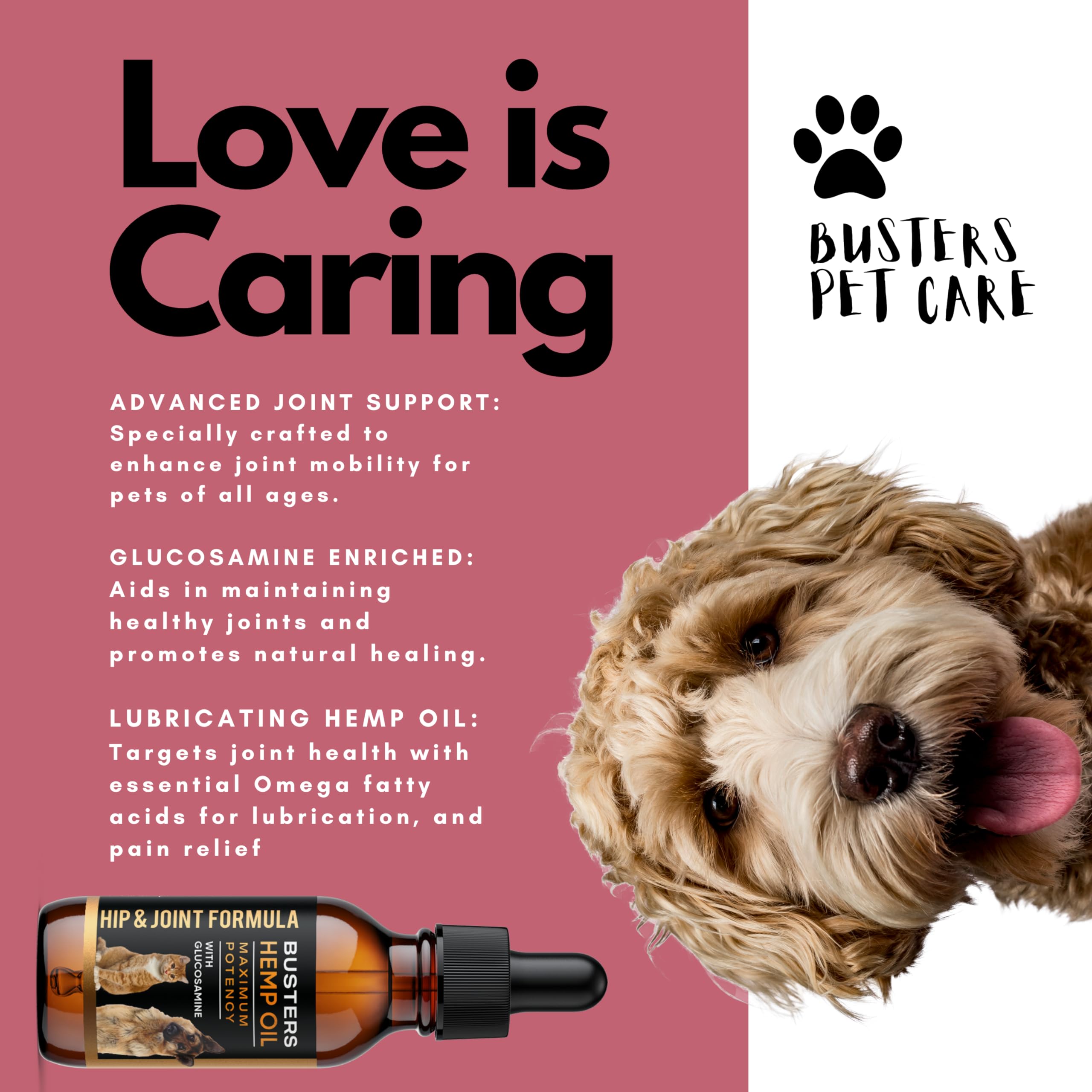 Busters Hip and Joint Hemp Oil Formula enriched with Glucosamine, Pain Relief for Dogs and Pets, Arthritis, and Advanced Mobility Support K2xLabsAu supplements