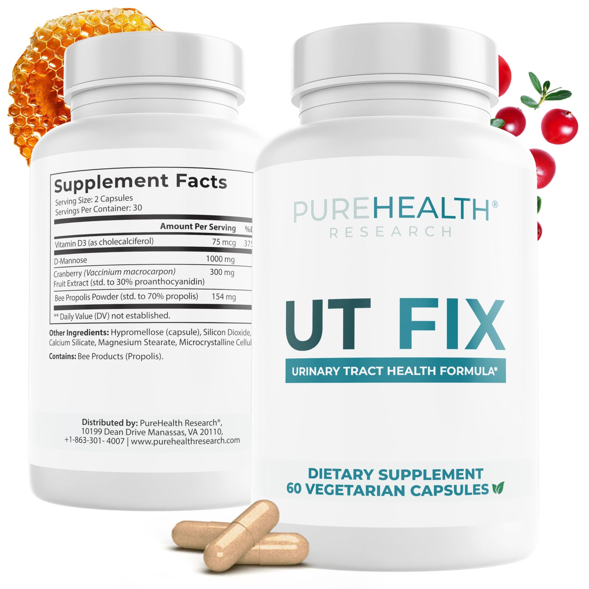PUREHEALTH RESEARCH UT Fix - Urinary Tract Health Formula - Urinary Tract Support for Women & Men - Cranberry Supplement with D Mannose 1000mg, Vitamin D3 & Bee Propolis - 60 Capsules PUREHEALTH RESEARCHAu supplements