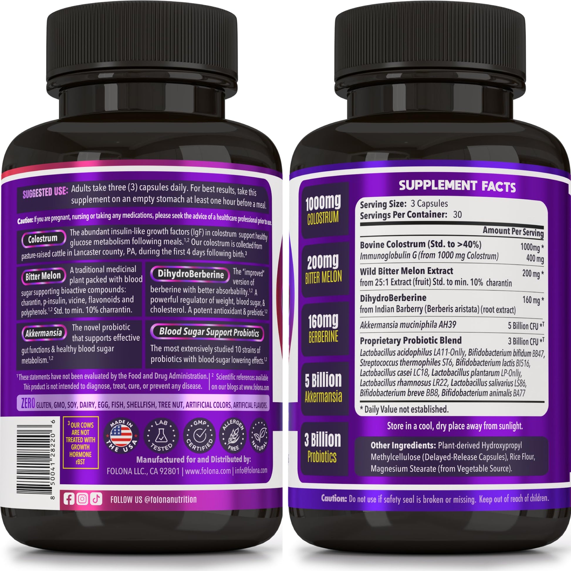 Blood Sugar Support Colostrum Supplement w/ Bitter Melon, Probiotics Blend w/ Akkermansia & Prebiotic Berberine | For Healthy Blood Glucose, Metabolism, Gut & Immunity | 90 Delayed Release Vegan Caps FOLONAAu supplements