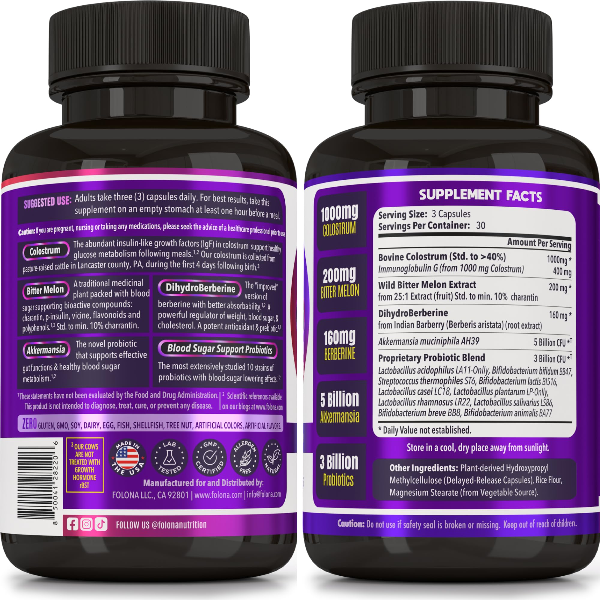Blood Sugar Support Colostrum Supplement w/ Bitter Melon, Probiotics Blend w/ Akkermansia & Prebiotic Berberine | For Healthy Blood Glucose, Metabolism, Gut & Immunity | 90 Delayed Release Vegan Caps FOLONAAu supplements