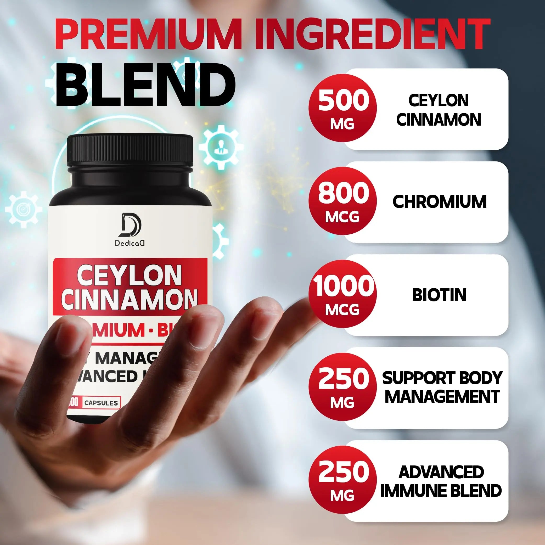DEDICAD 13in1 Ceylon Cinnamon Capsules - 200 Capsules with Chromium Picolinate, Biotin, Grape Seed, Elderberry & More DEDICADnz supplements
