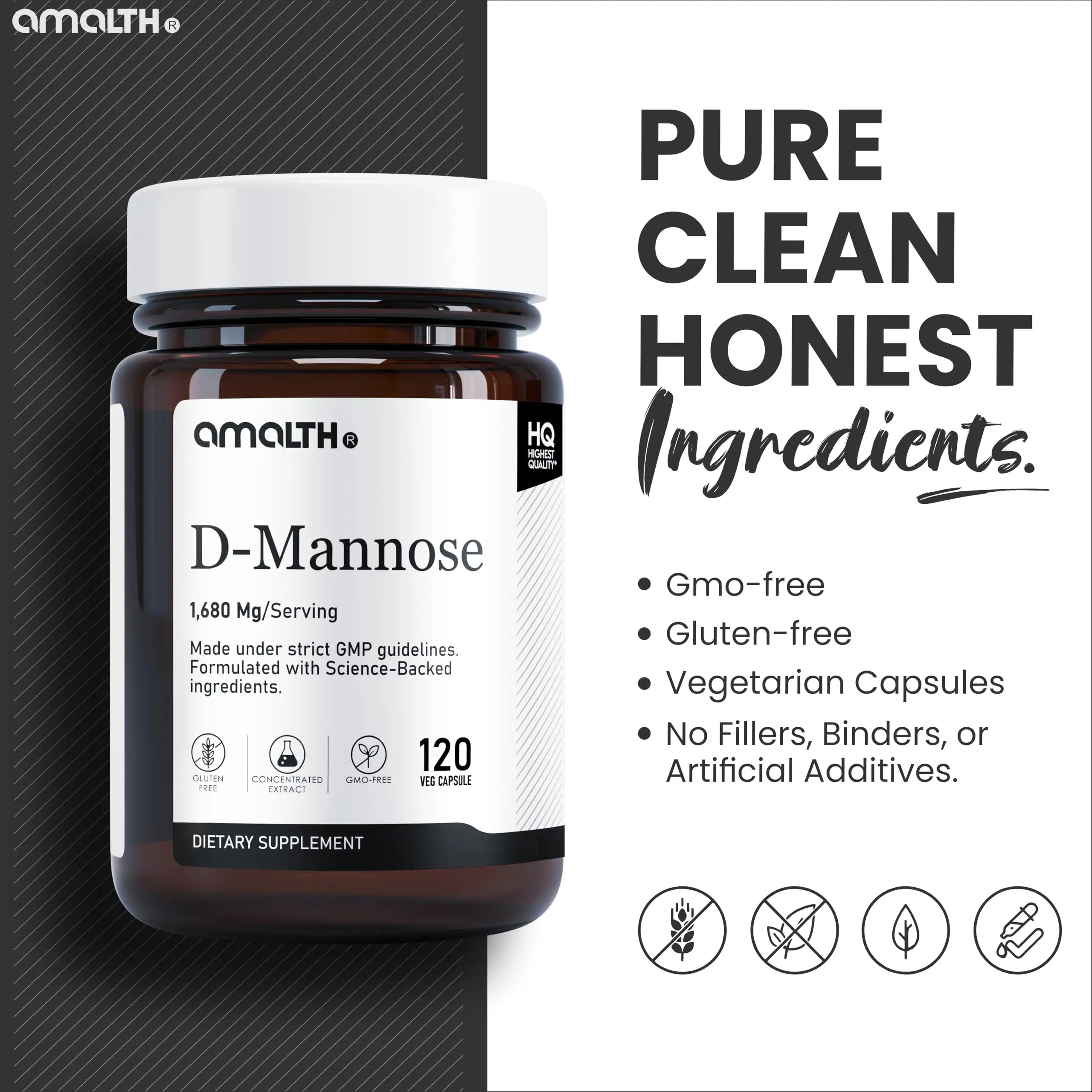 AMALTH D-Mannose Capsules 1680 mg per Serving, 120 Vegan Capsules, Pure Single Ingredient Mannose Supplement, Urinary Tract Support, UTI Wellness Support, Non GMO, Gluten Free AMALTHAu supplements