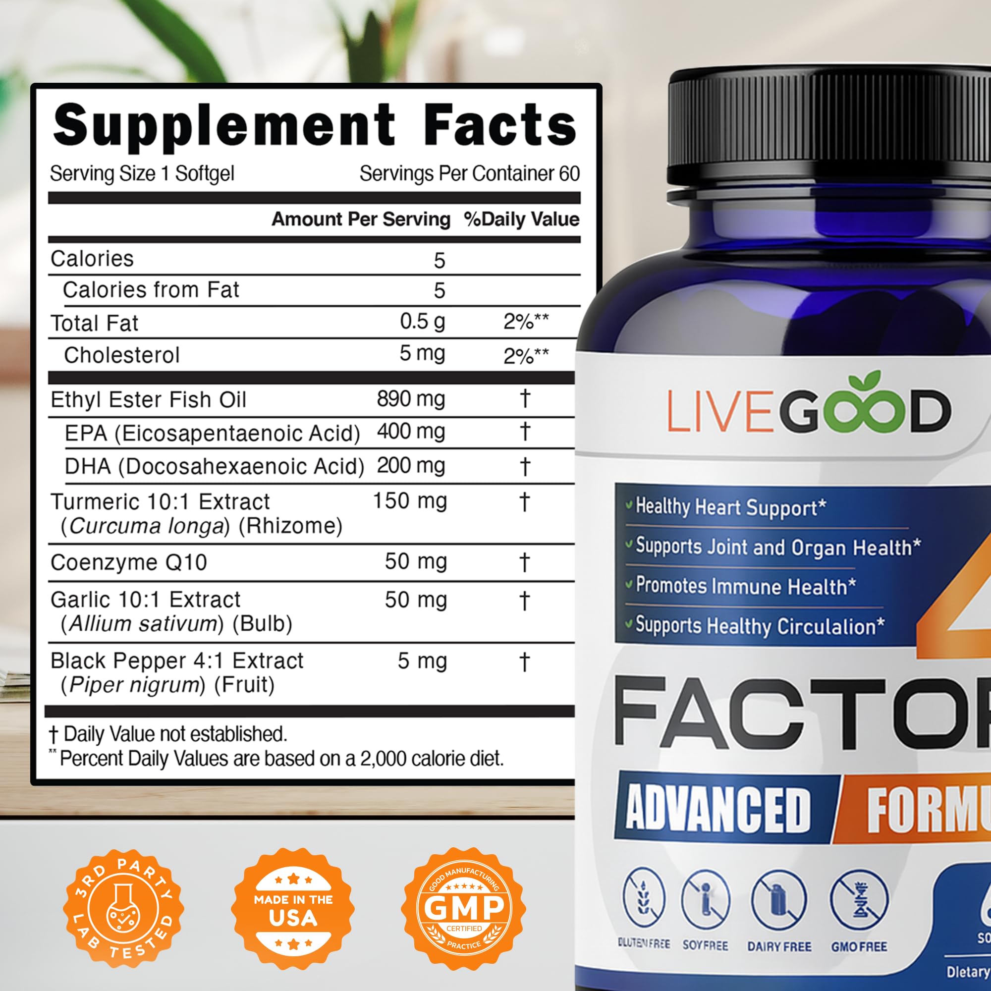 LIVEGOOD™ Factor 4, Omega 3 Fish Oil with EPA & DHA, CoQ10, and Turmeric, Advanced Q10 Coenzyme & CoQ10 Supplements, DHA Supplements for Heart, Joint & Immune Support, Made in USA, 60 Count, LIVEGOODAu supplements