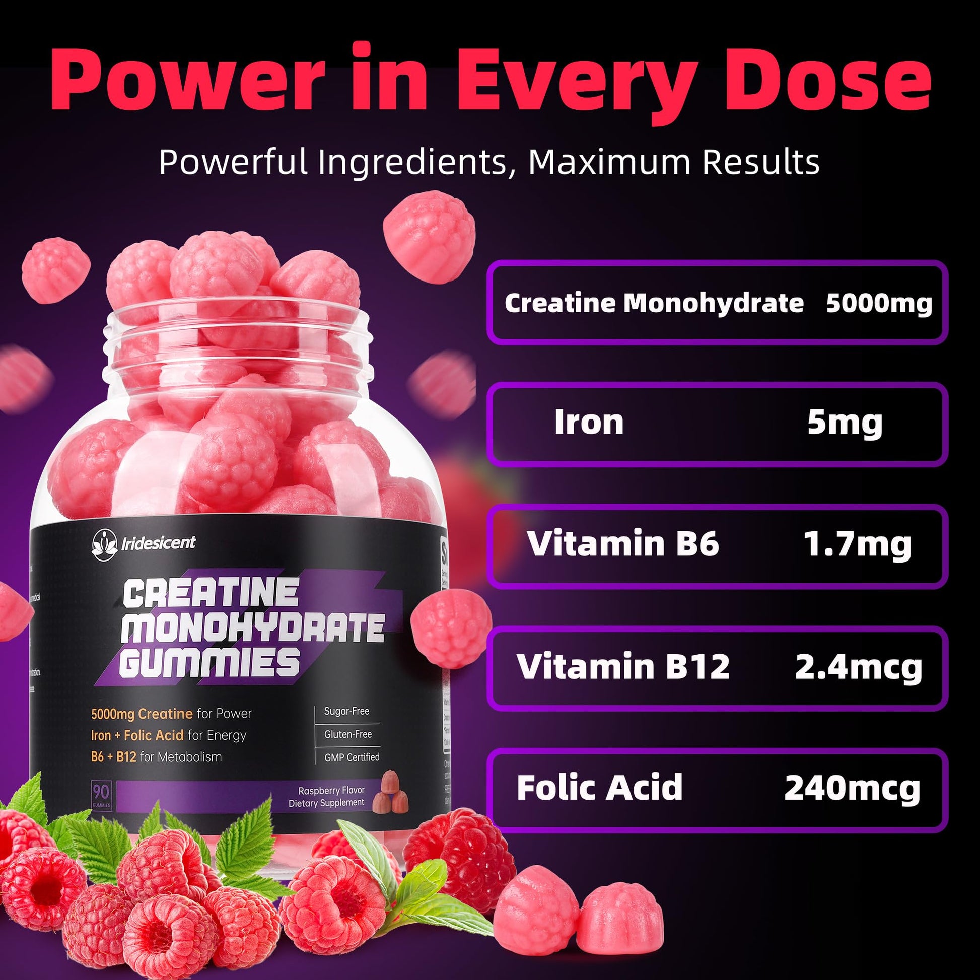 IRIDESICENT Creatine Monohydrate Gummies 5000mg w/Iron, Vitamin B6 & B12, Sugar Free 5g Creatine Supplements for Women and Men Boost Energy & Muscle Recovery - 90 Raspberry Gummies IRIDESICENTAu supplements