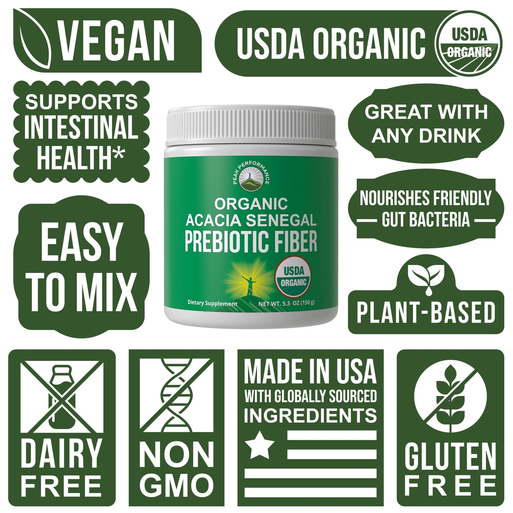 Peak Performance Organic Acacia Senegal Prebiotic Fiber Powder. Unflavored USDA Organic Plant Based Soluble Vegan Prebiotics Gut Health Supplement with Digestive Enzymes Peak PerformanceAu supplements