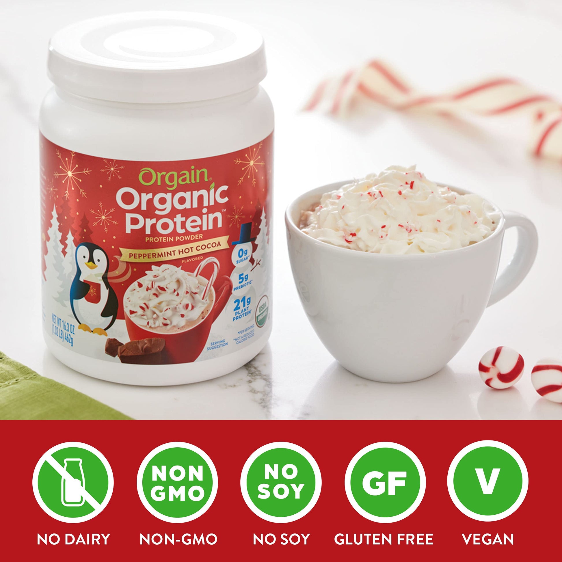 Orgain Organic Vegan Protein Powder, Peppermint Hot Cocoa Seasonal Holiday Flavor OrgainUS supplements