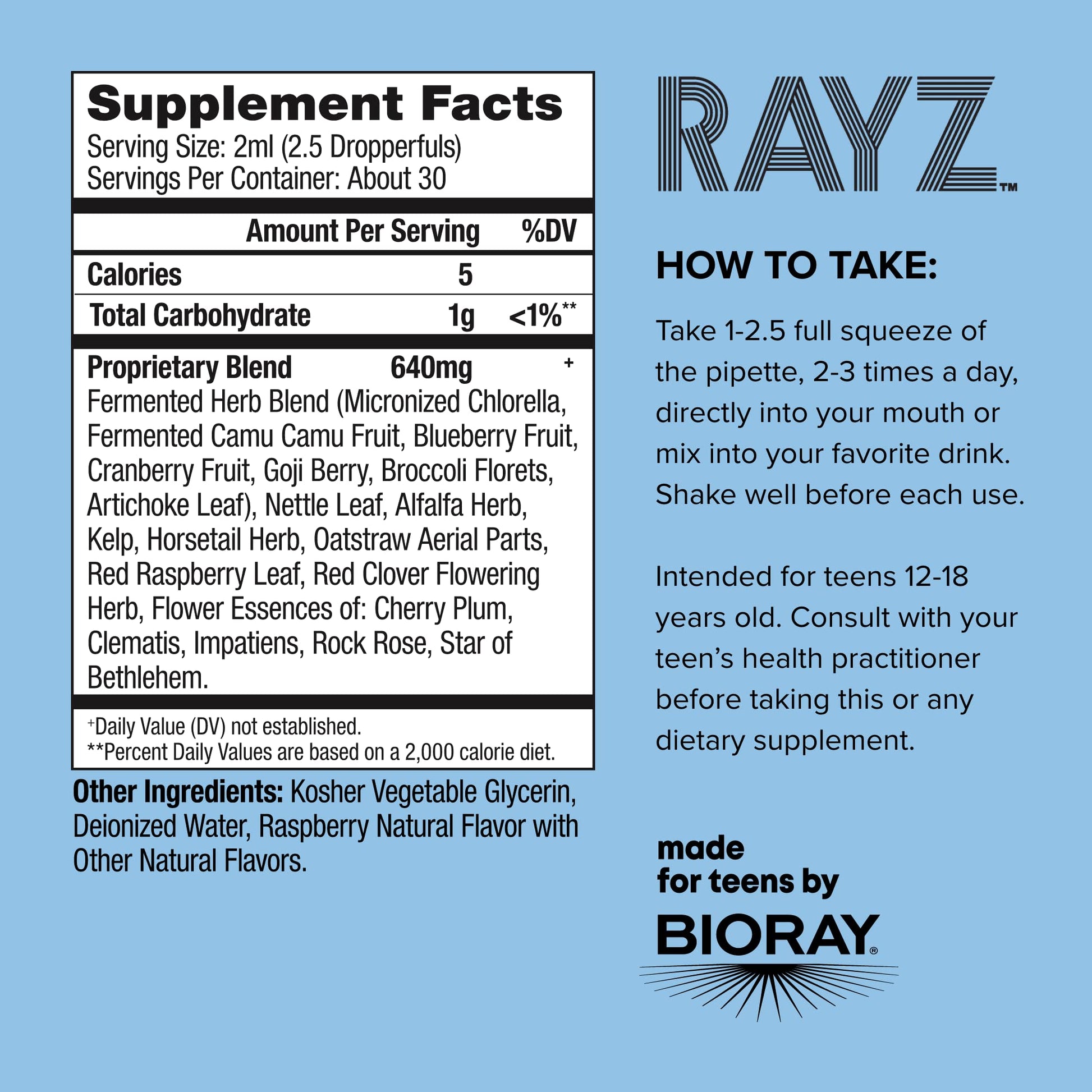 BIORAY RAYZ All Systems Glow, Raspberry Flavor - 2 fl oz - Convenient Source of Vitamins & Minerals for Teens 12-18 Years Old BIORAYAu supplements