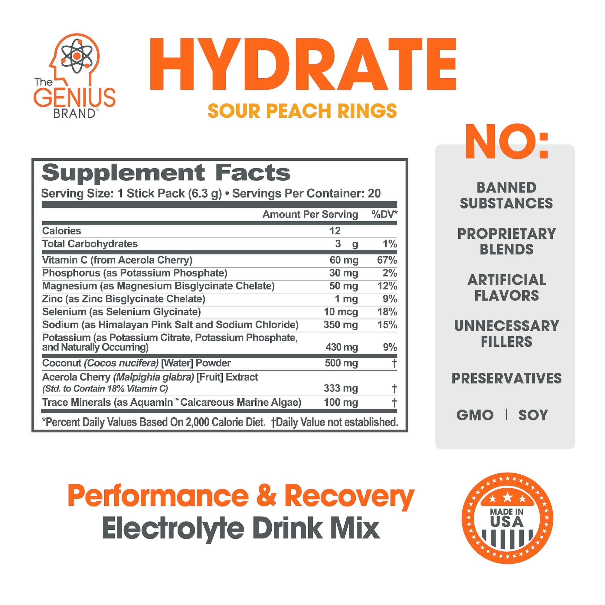 The Genius Brand Genius Hydrate - Electrolyte Supplement for Daily Hydration - Coconut Water - Sugar-Free - 8 Essential Minerals & Nutrients - Non-GMO - Sour Peach Rings - 20 Servings The Genius BrandUS supplements