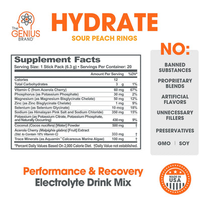 The Genius Brand Genius Hydrate - Electrolyte Supplement for Daily Hydration - Coconut Water - Sugar-Free - 8 Essential Minerals & Nutrients - Non-GMO - Sour Peach Rings - 20 Servings The Genius BrandUS supplements