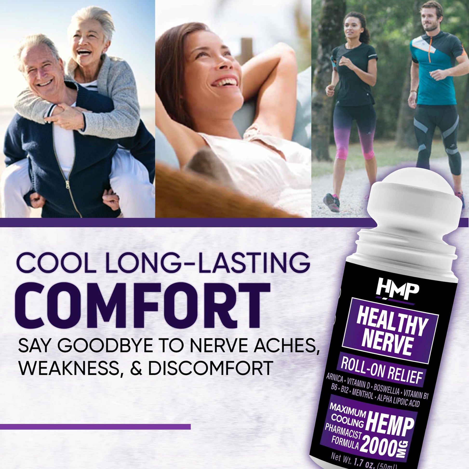 HMP Nerve Roll-On for Feet, Hands, Legs, Toes, Back 2000MG Hemp with Menthol & Arnica, Soothing Cooling Formula, Made in USA, 50ml (1 Pack) HMP BRANDSAu supplements