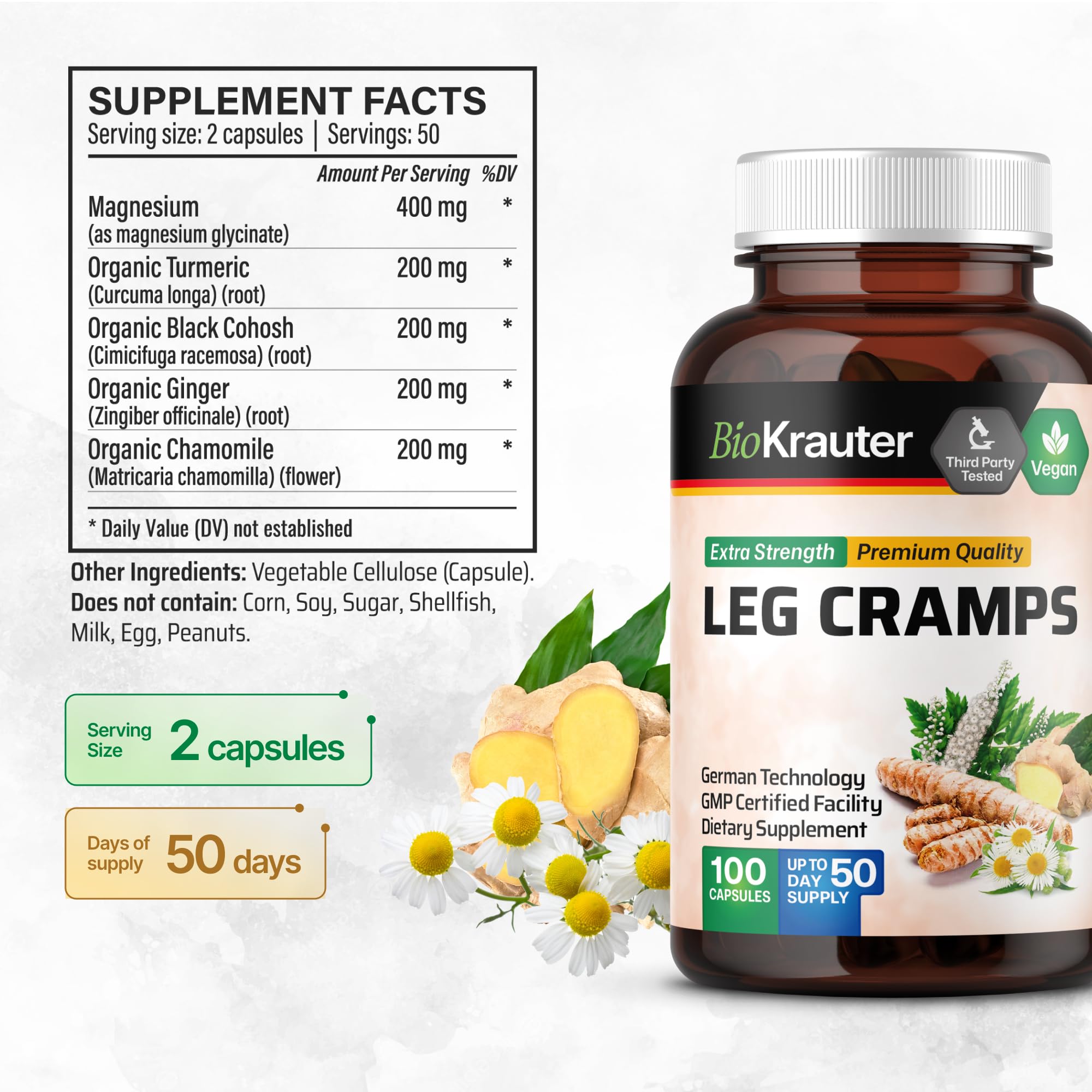 BIO KRAUTER® Magnesium Glycinate for Leg Сramps & Relax - 5-in-1 Formula Magnesium Glycinate 400mg with Turmeric, Black Cohosh, Ginger, Chamomile 1200 mg 100 Caps - No Fillers, Non-GMO, 50-Day Supply BIO KRAUTERAu supplements