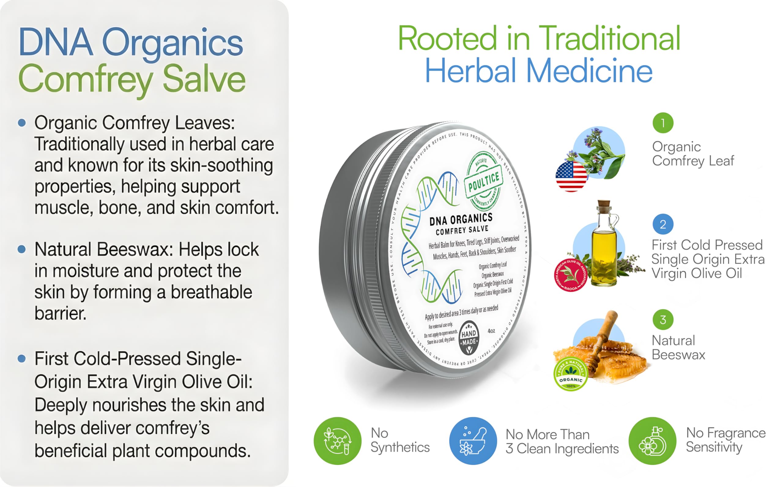 DNA Organics Comfrey Salve Ointment 2oz – Organic Herbal Salve for Bones, Muscles, Joints, Knees, Skin & Tattoo Care. Herbal Balm for Soothing Relief. Handcrafted, Slow-Infused, No Chemical Fillers Wild CastleAu supplements