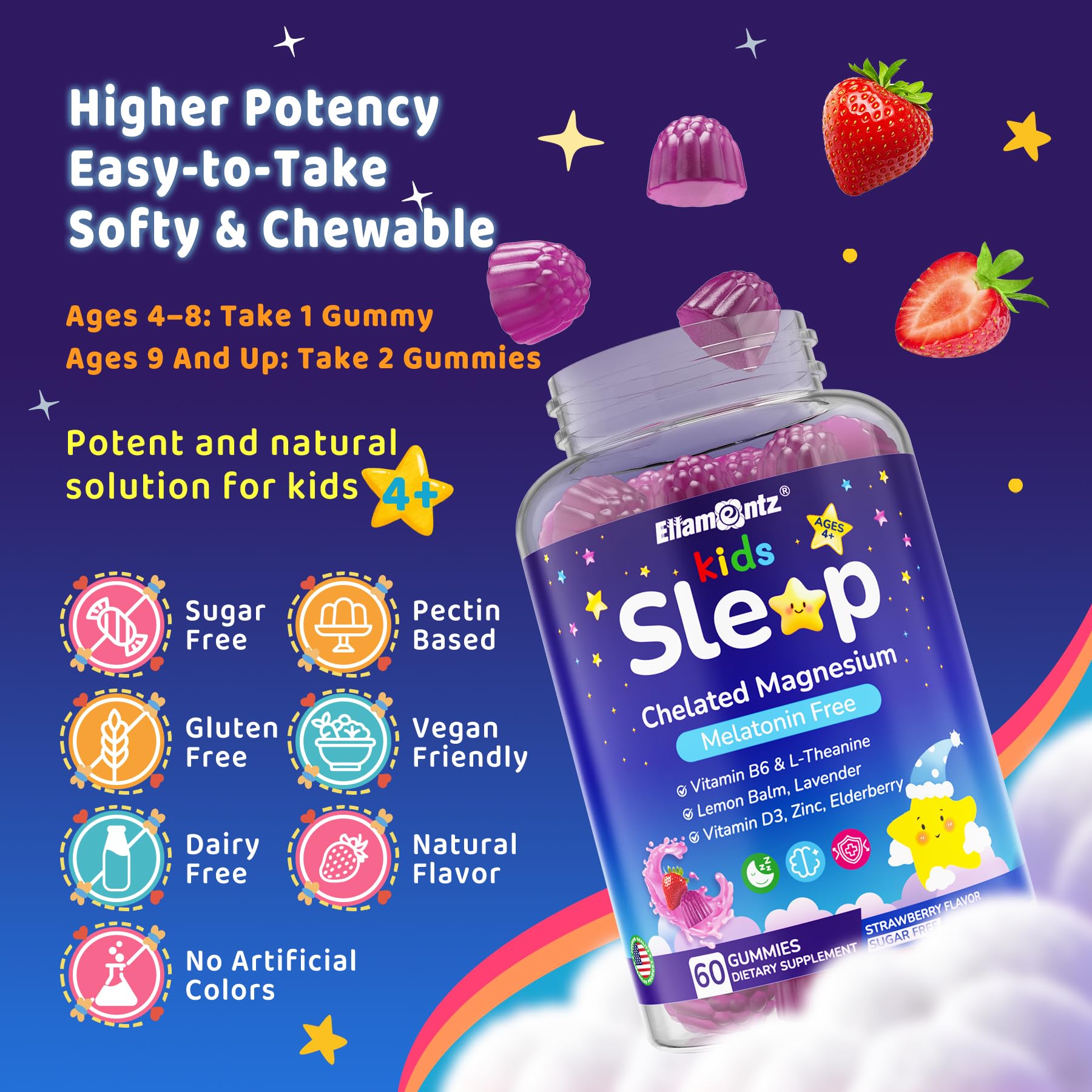 Kids Sleep Gummies, NO Melatonin Sleep Aid Gummies w/ Magnesium Glycinate, Magnesium Malate, L-Theanine, Lavender, B6, Zinc, D3K2 for Restful Sleep, Relax Brain & Muscle, Immune Support, Non-GMO 1Pack ELLAMENTZAu supplements