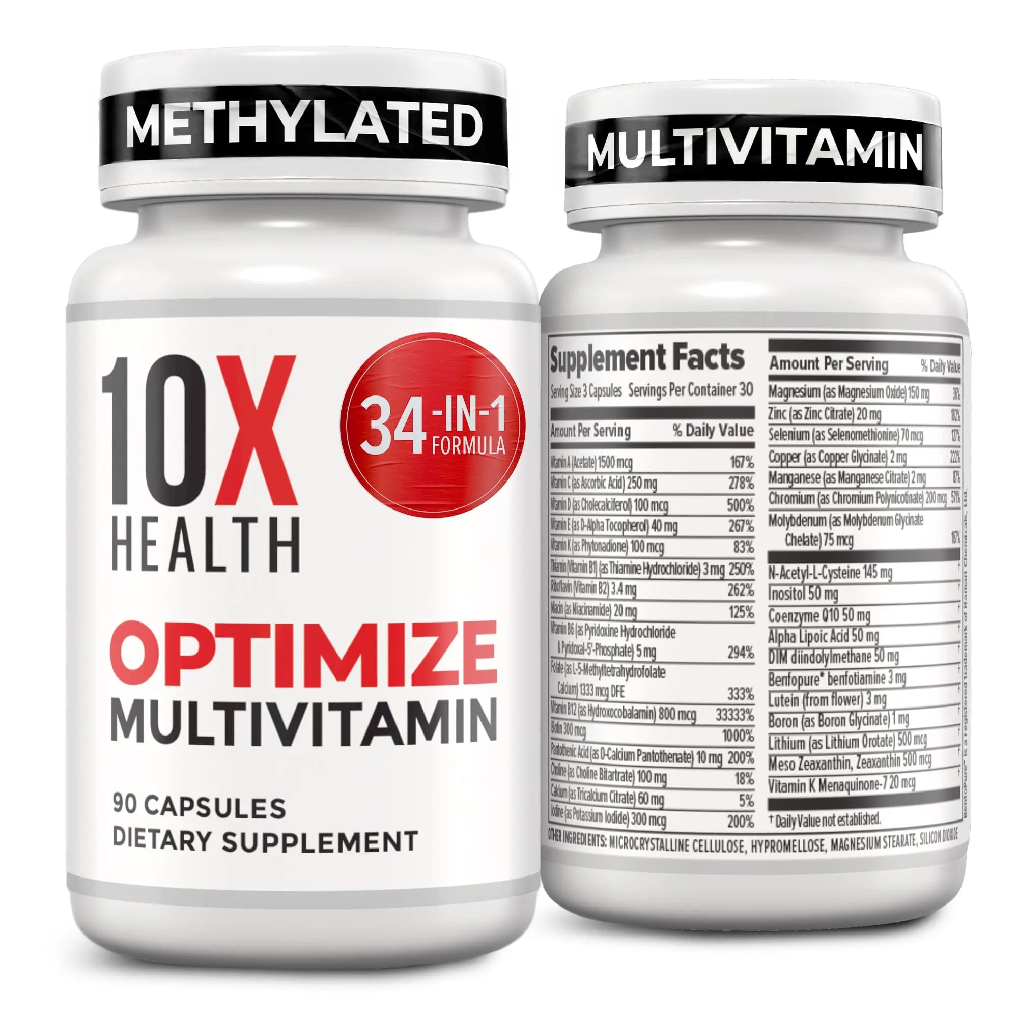 10X Health Optimize Multivitamin for Men - 90 Capsules, Methylated Multivitamin 34 in 1 Formula with 800 mcg of Vitamin B12, 5-MTHF, NAC - Methyl B Complex 10X Health SystemAu supplements