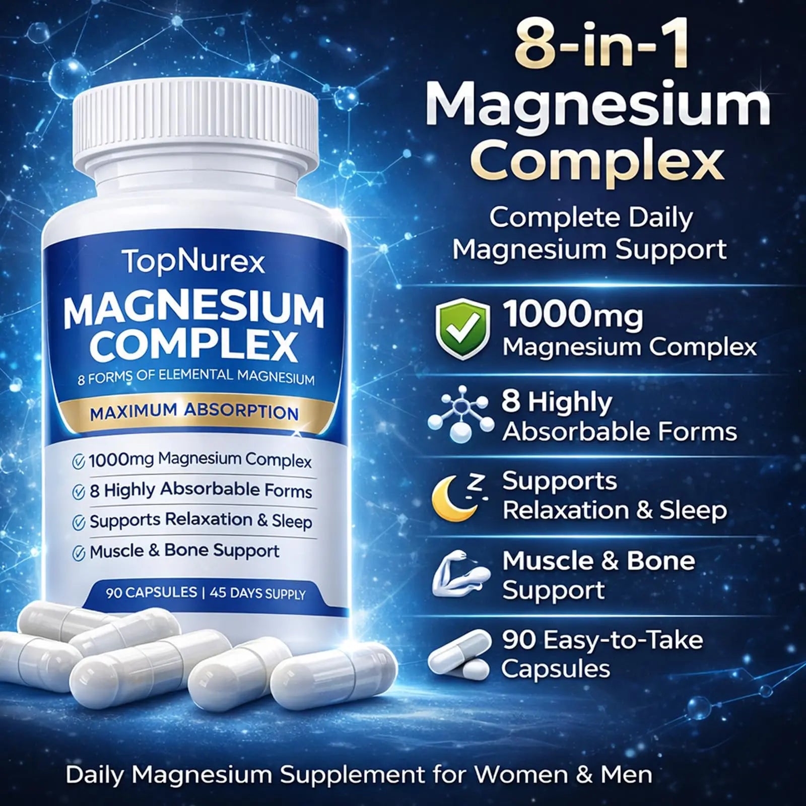 Top Nurex Magnesium Complex Supplement for Women & Men | 1000mg Maximum Absorption | 8 Magnesium Forms Including Glycinate, Citrate, Malate | Supports Relaxation, Sleep, Bone Strength | 90 Capsules Art animenz supplements
