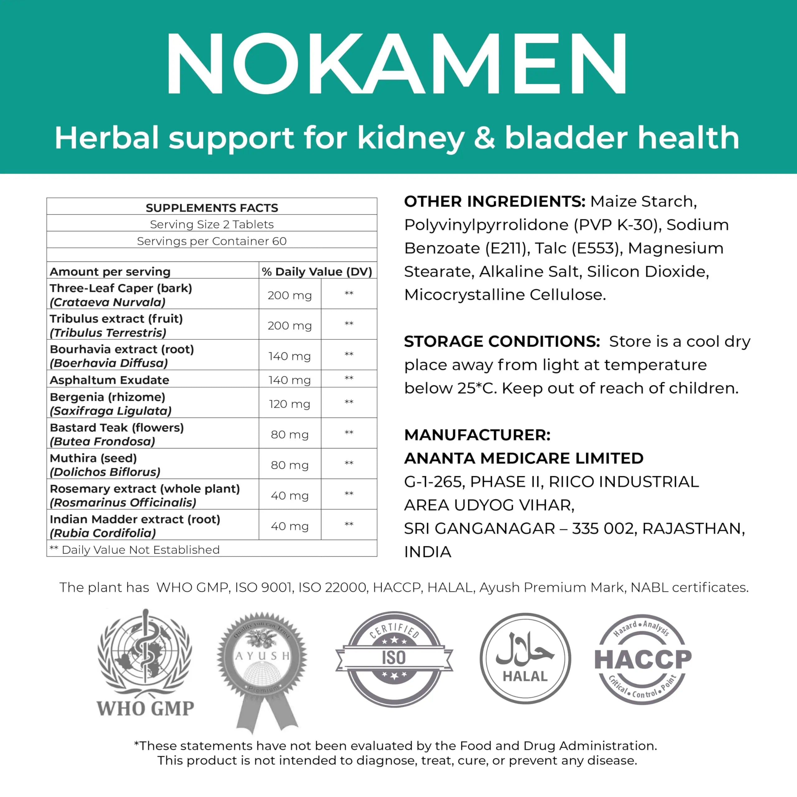 Ananta Medicare USA NOKAMEN – Kidney & Urinary Tract Support Herbal Formula, 120 Tabs Ananta Medicare USAAu supplements