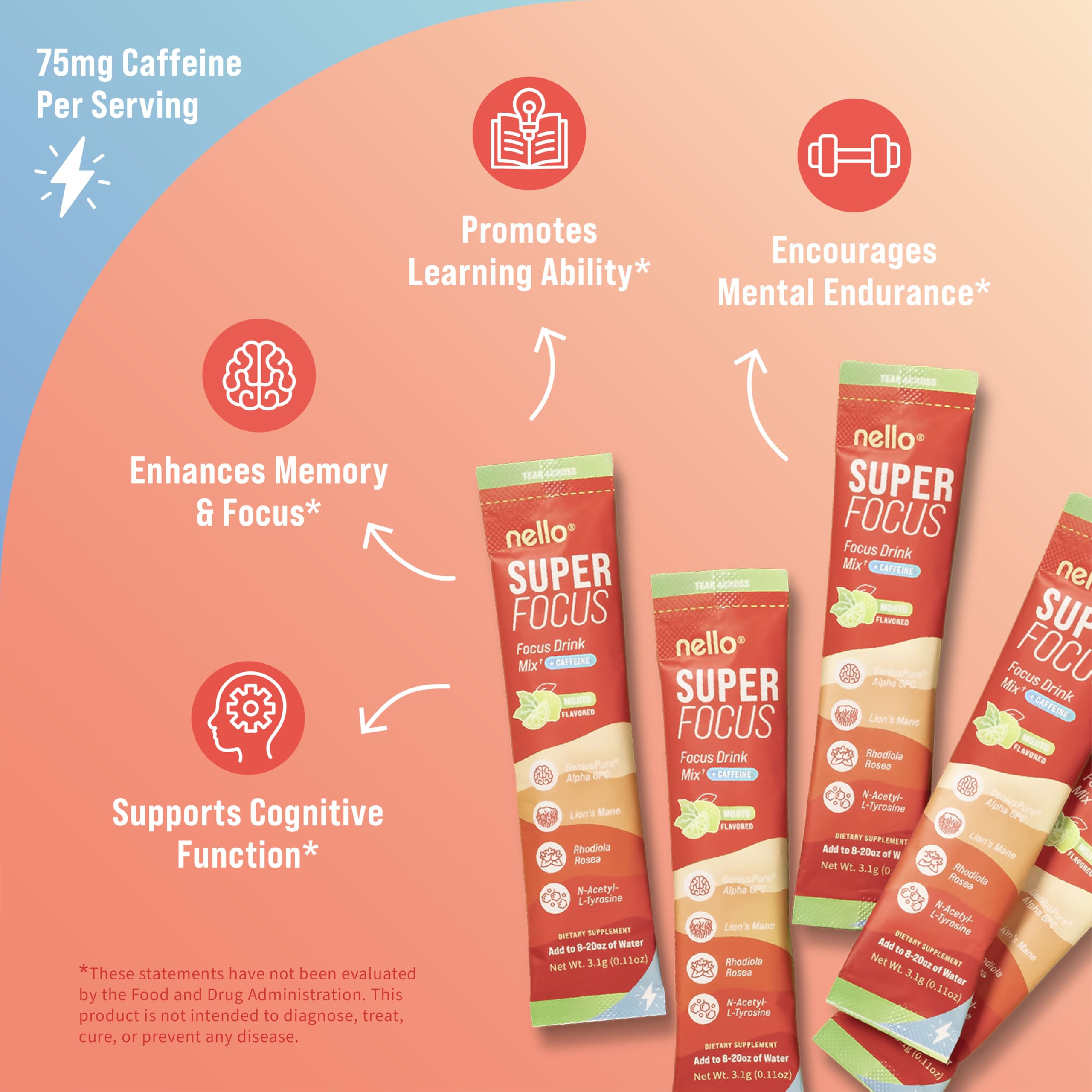 Nello Superfocus Mojito with Caffeine Nootropic Focus Drink Mix, 20 On-The-Go Packets, Alpha GPC, Lions Mane, Rhodiola, Sugar-Free NelloAu supplements