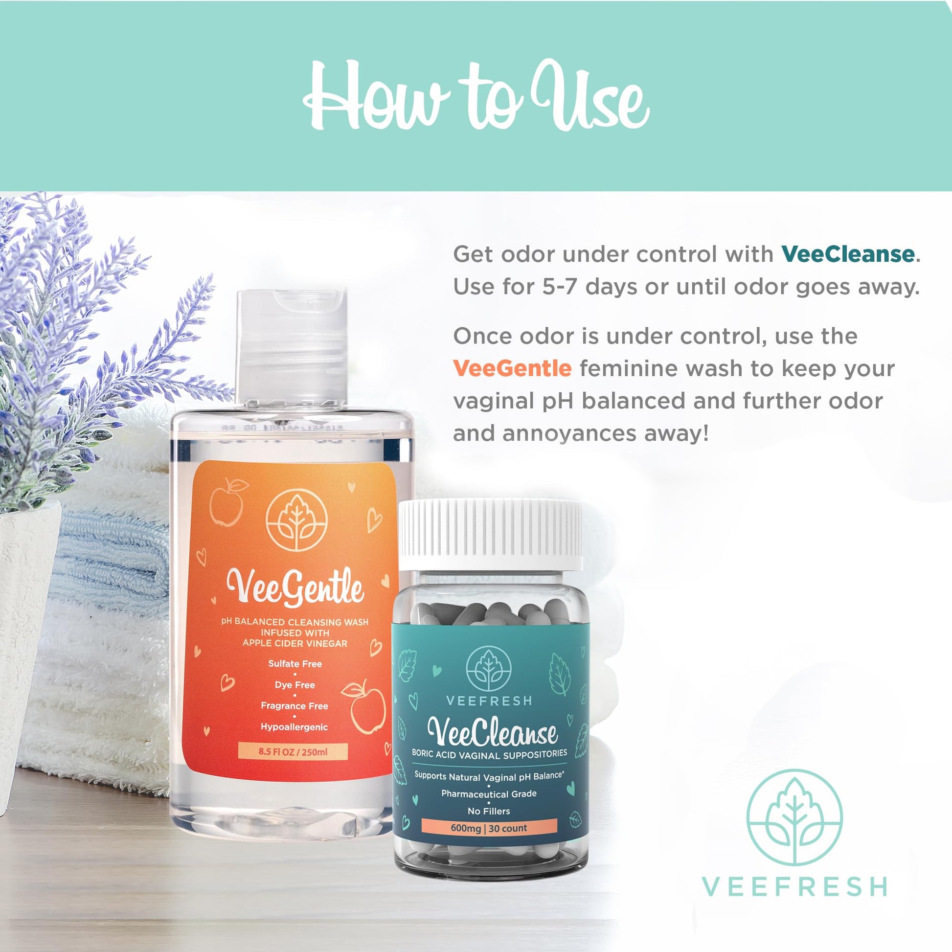 VeePower Lite - Vaginal Health Bundle - Control and Prevent Vaginal Odor - Includes VeeGentle VeeFreshAu supplements