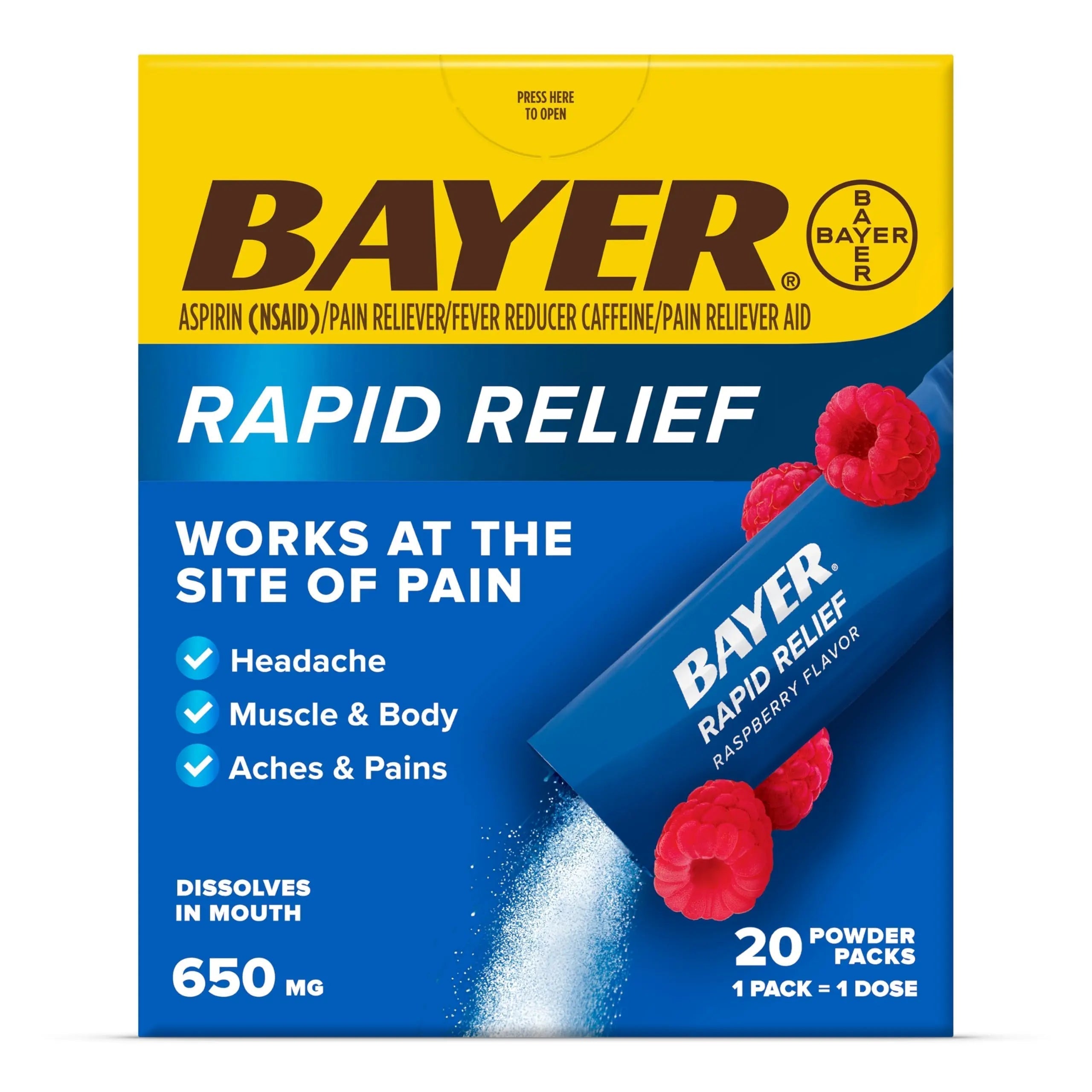 Bayer® Rapid Relief, Dissolvable Raspberry Flavor, Powder Packs with Aspirin & Caffeine, Fast Acting Headache Relief, Muscle and Body Pain Reliever, 20ct BayerAu supplements