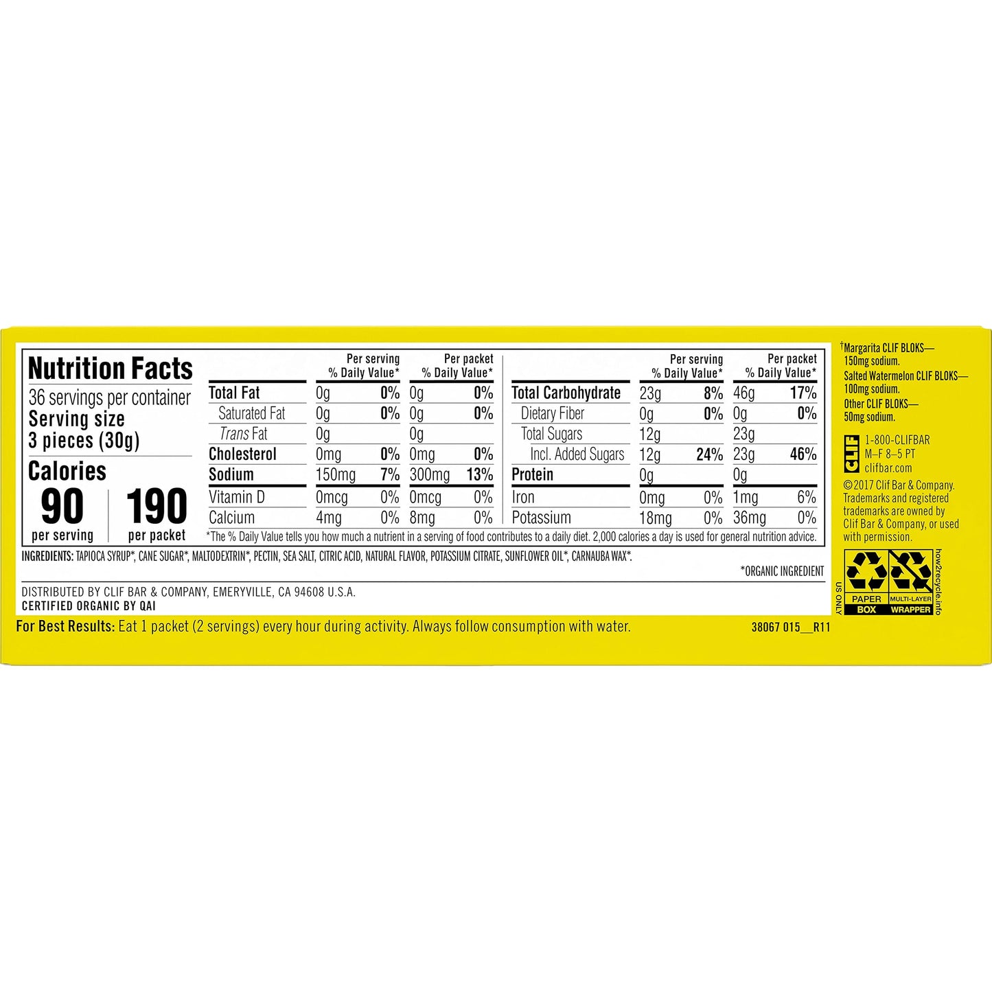 CLIF BLOKS - Margarita Flavor with 3X Sodium - Energy Chews - Non-GMO Clif BarUS supplements