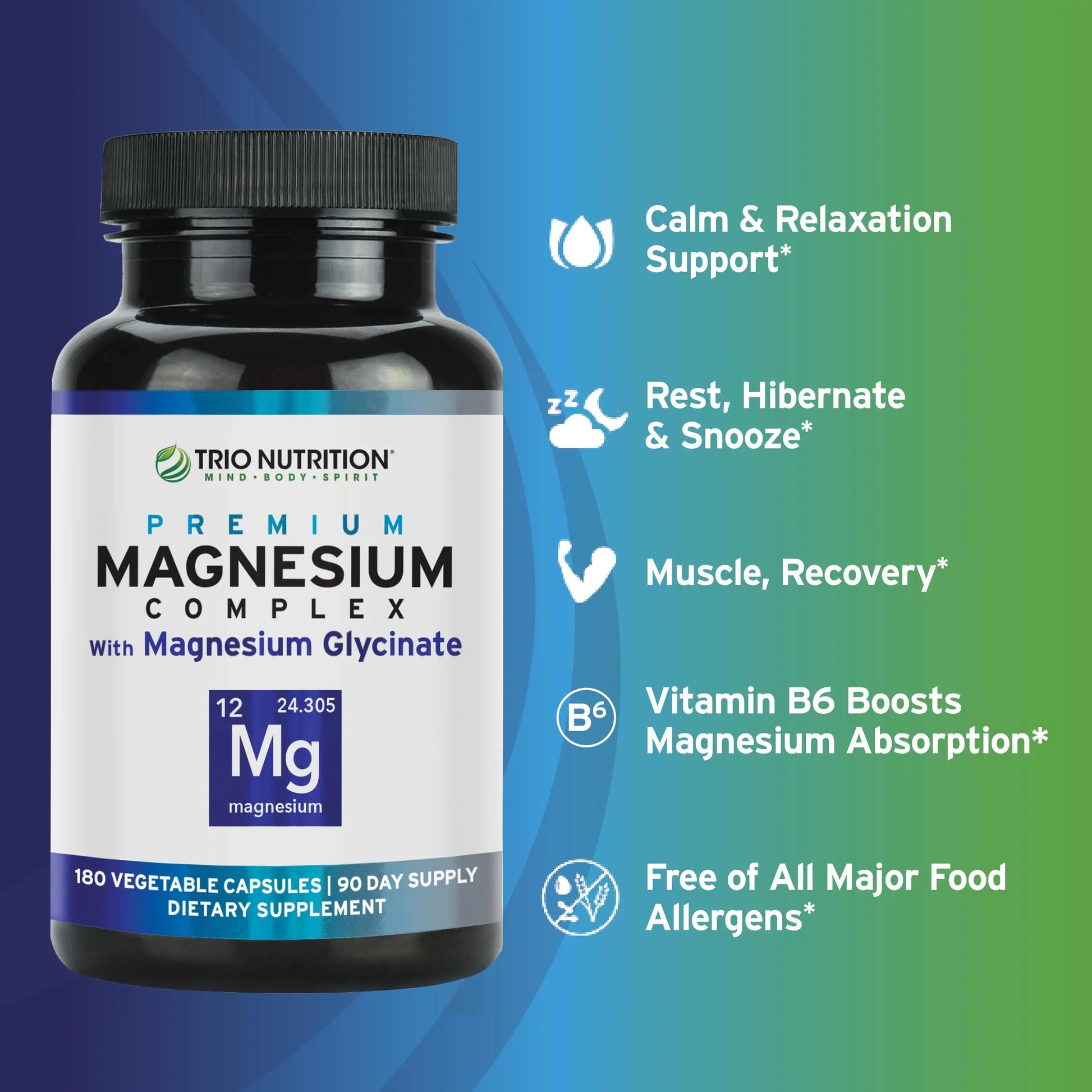 Trio Nutrition Magnesium Complex 90 Day Supply 420 mg | Natural Calm, Relax, Stress Relief, and Muscle Recovery |Magnesium Glycinate Supplement with Vitamin B6 for Rapid Absorption* TRIO NUTRITIONnz supplements