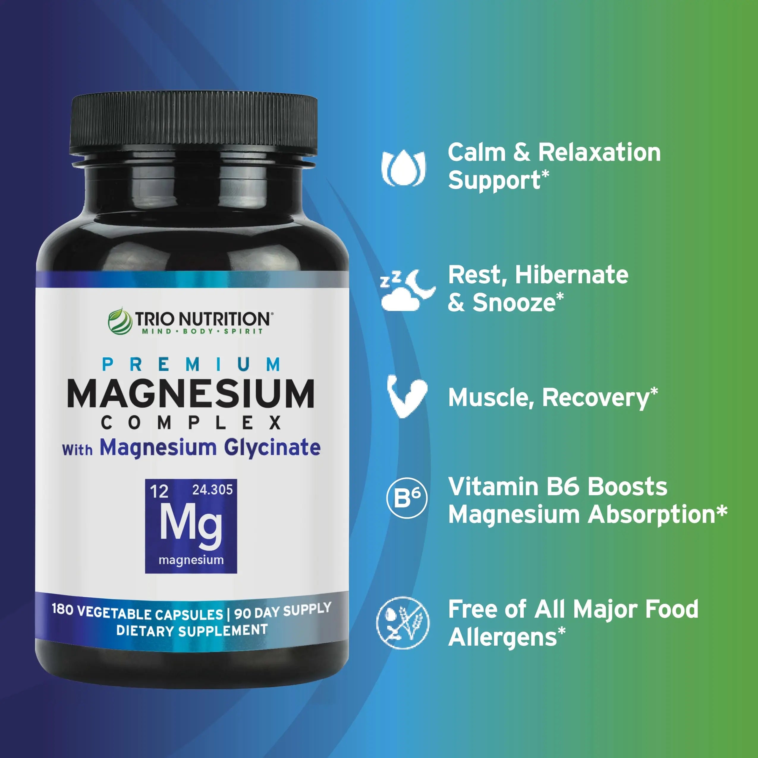 Trio Nutrition Magnesium Complex 90 Day Supply 420 mg | Natural Calm, Relax, Stress Relief, and Muscle Recovery |Magnesium Glycinate Supplement with Vitamin B6 for Rapid Absorption* TRIO NUTRITIONnz supplements