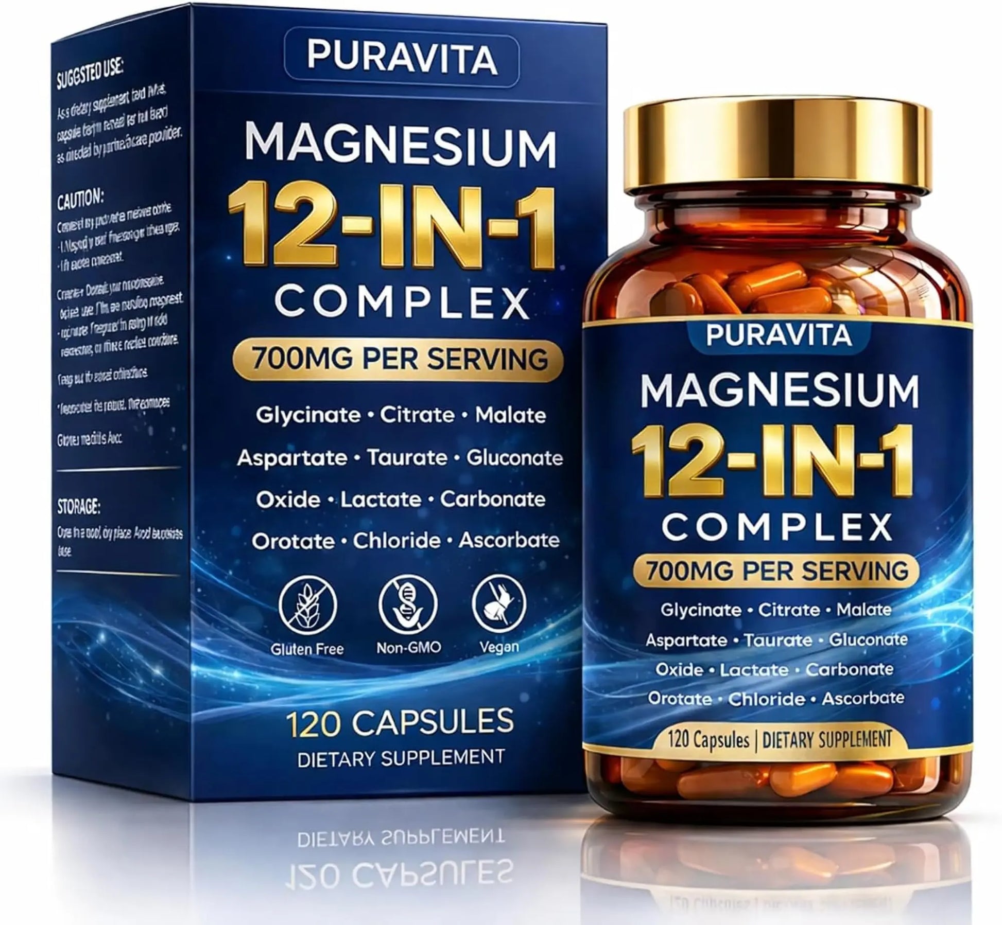 Puravita 12 in 1 Magnesium Complex Capsules - 700mg High Absorption Blend with Glycinate, Citrate, Malate, Oxide & Taurate. Supports Muscle Function, Nerve Health & Relaxation - 120 Capsules (1) PURAVITAAu supplements