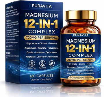 Puravita 12 in 1 Magnesium Complex Capsules - 700mg High Absorption Blend with Glycinate, Citrate, Malate, Oxide & Taurate. Supports Muscle Function, Nerve Health & Relaxation - 120 Capsules (1) PURAVITAAu supplements