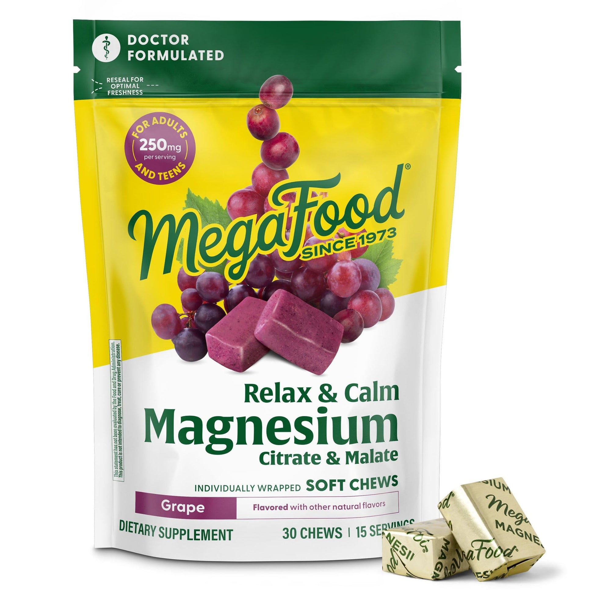 MegaFood Relax + Calm Magnesium Complex with Magnesium Citrate & Malate for Heart Health, Muscle Tension & More – Doctor Formulated - Vegetarian – Grape Flavor - 30 Soft Chews (15 Servings) MegaFoodAu supplements