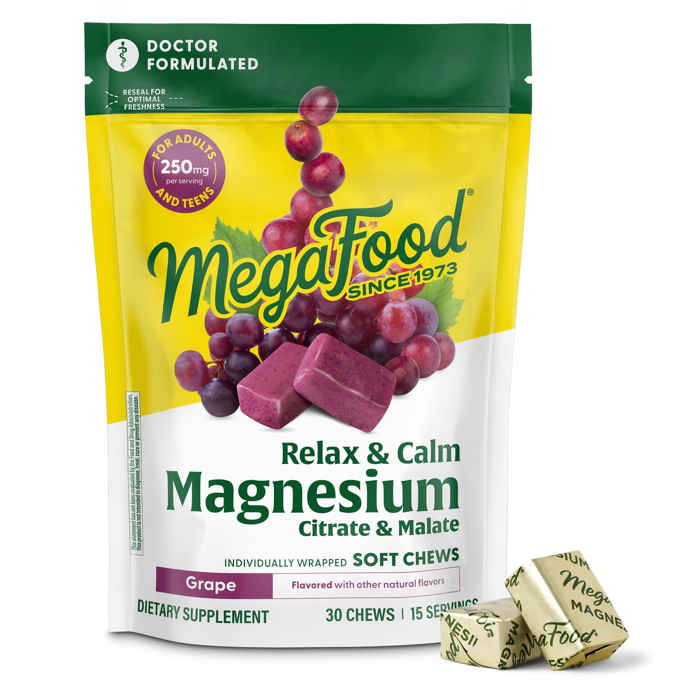 MegaFood Relax + Calm Magnesium Complex with Magnesium Citrate & Malate for Heart Health, Muscle Tension & More – Doctor Formulated - Vegetarian – Grape Flavor - 30 Soft Chews (15 Servings) MegaFoodAu supplements