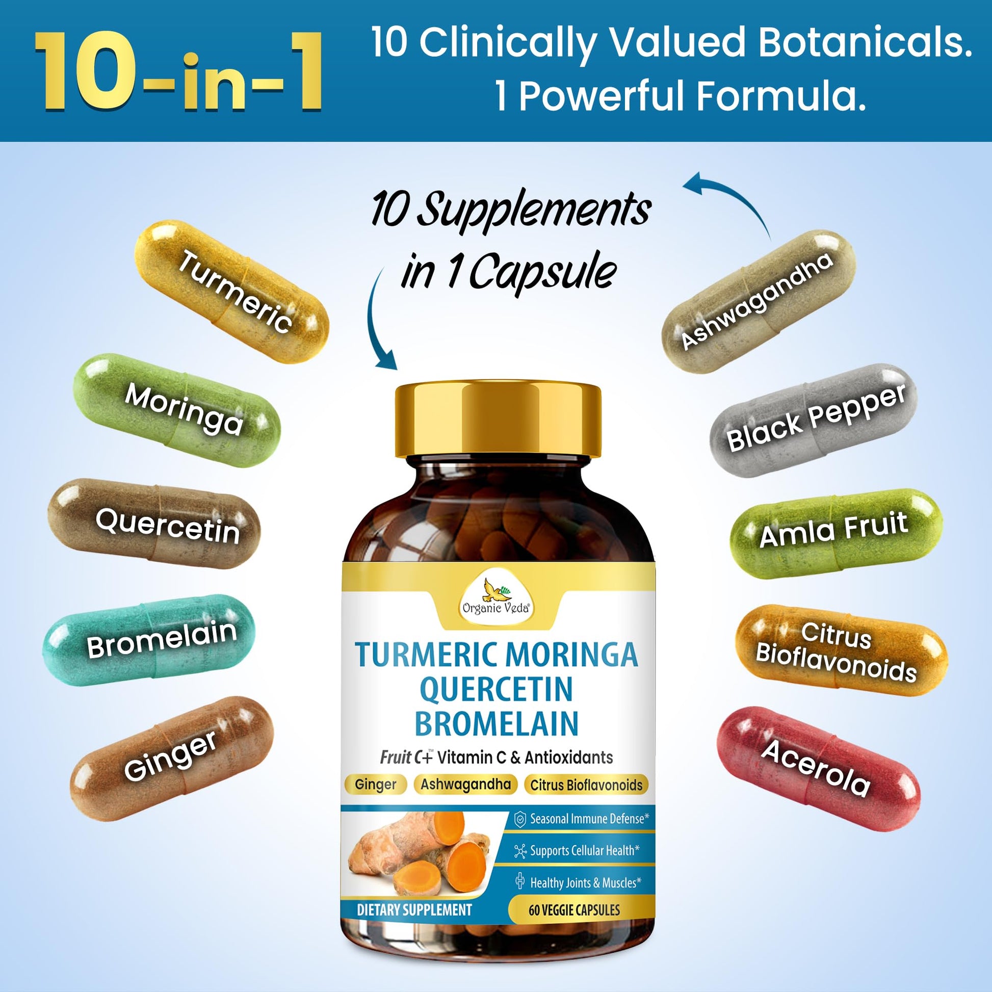 Organic Veda Turmeric Moringa Quercetin with Bromelain Capsules - Fruit C+ Vitamin C Antioxidants Immune System & Respiratory Supplement - Ashwagandha, Ginger, Citrus Bioflavonoids, 60 Vegan Capsule Organic VedaAu supplements