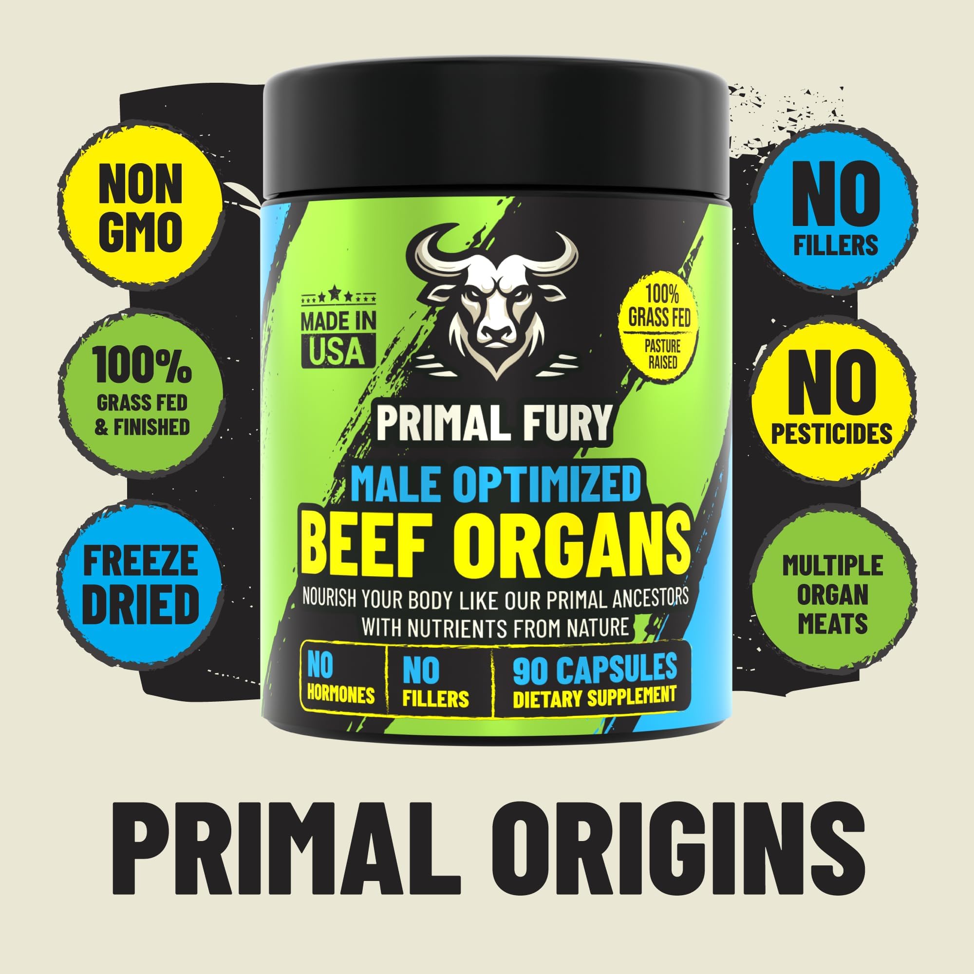 Grass Fed Beef Organ Supplement for Men - Male Optimization Pills - 6 Vital Beef Organs to Drive Prostate Health & Peak Performance, Made in USA, 90 Capsules (2 Pack) PRIMAL FURYAu supplements