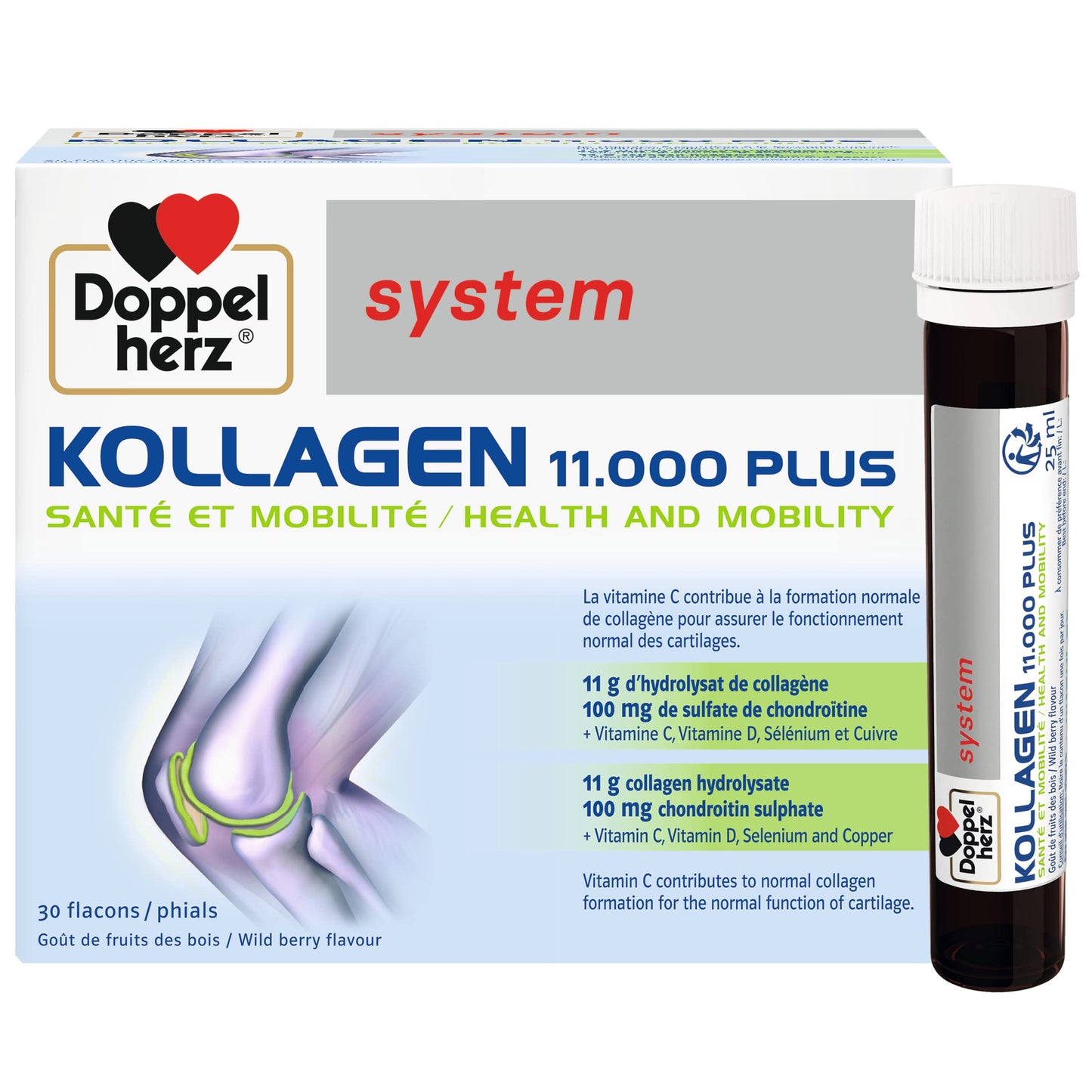 Doppelherz - Kollagen 11000 Plus - Collagen hydrolysate, chondroitin Sulphate, Vitamins C and D and Trace Elements - for Bones, cartilages and tendons - Wild Berry Flavour Liquid- 30 Bottles of 25ml DoppelherzUS supplements